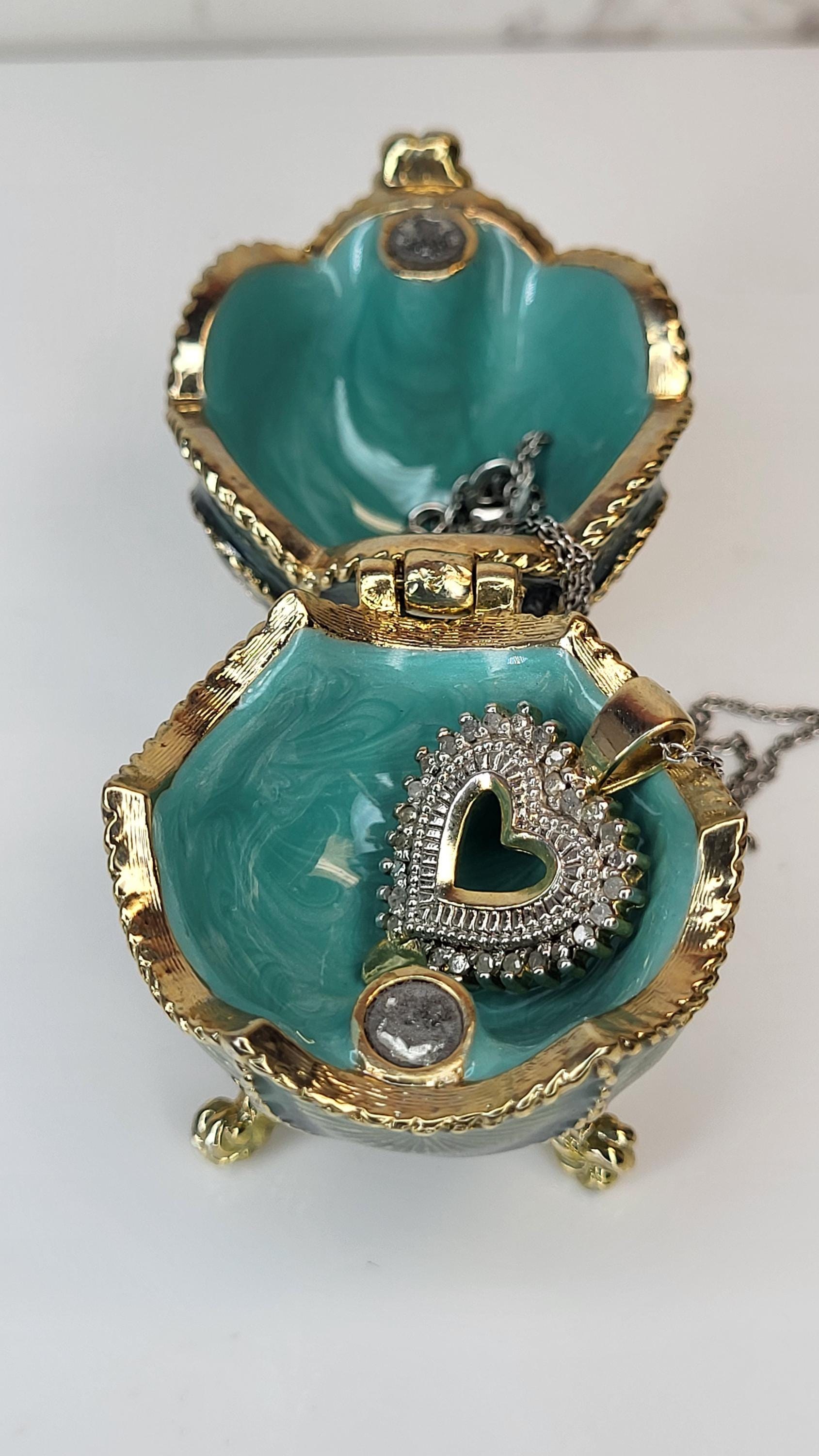 Vintage Monet Enamel Egg Trinket Box & 14K Gold Vermeil Diamond Heart Necklace Set view 5