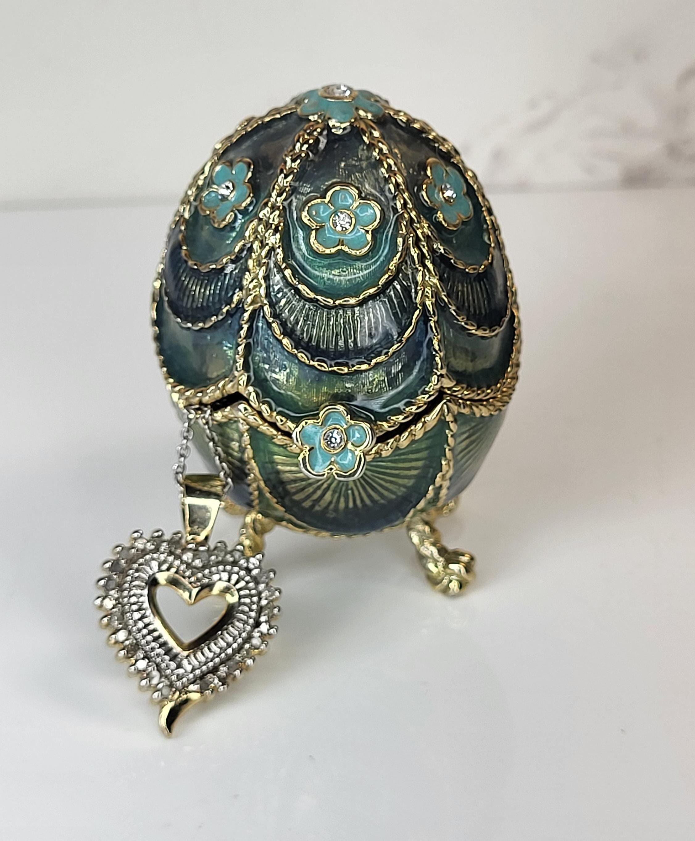 Vintage Monet Enamel Egg Trinket Box & 14K Gold Vermeil Diamond Heart Necklace Set view 6