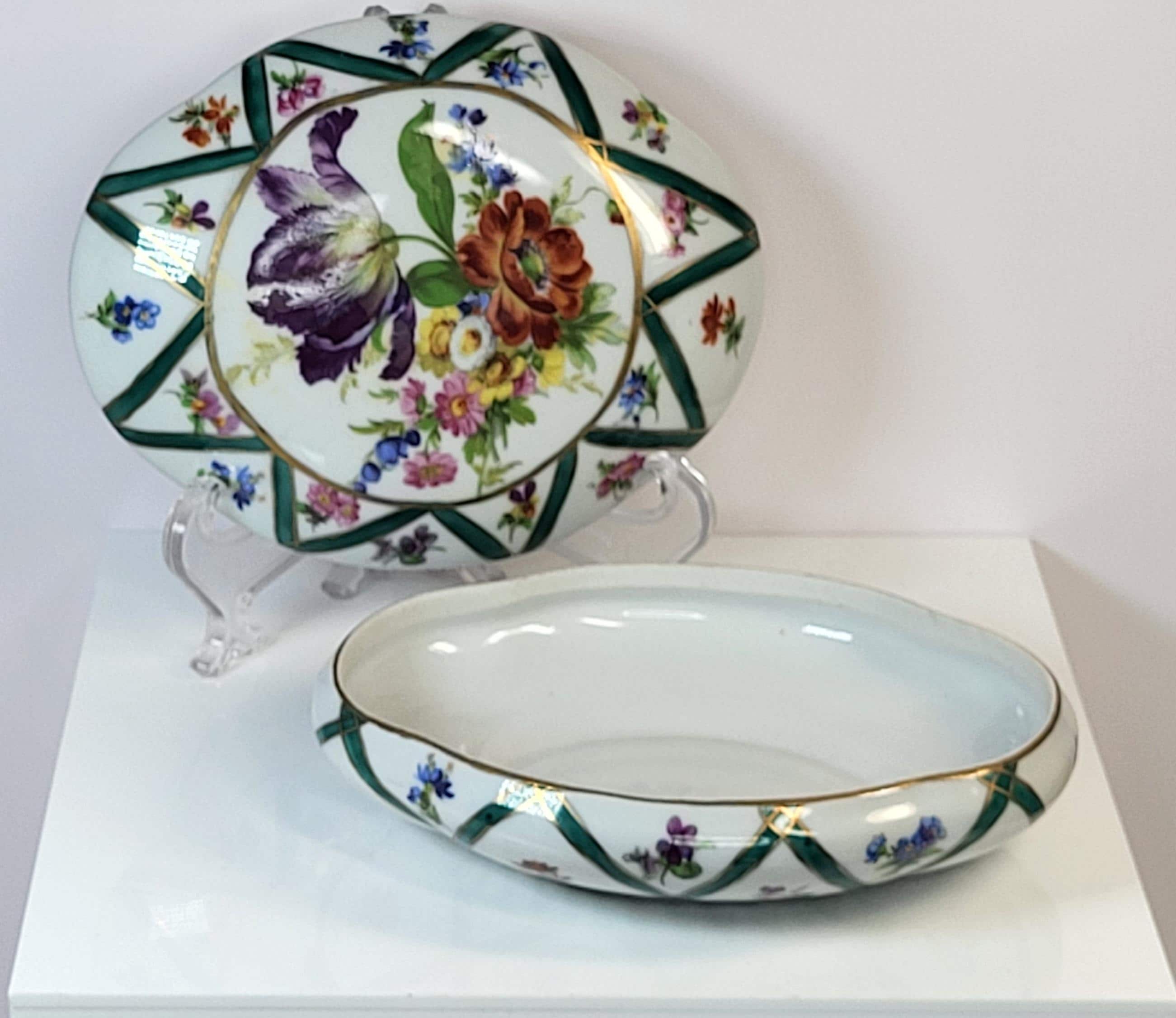 Vintage Elios Italy Hand Painted Porcelain Trinket Box, Large Oval Floral Jewelry Casket