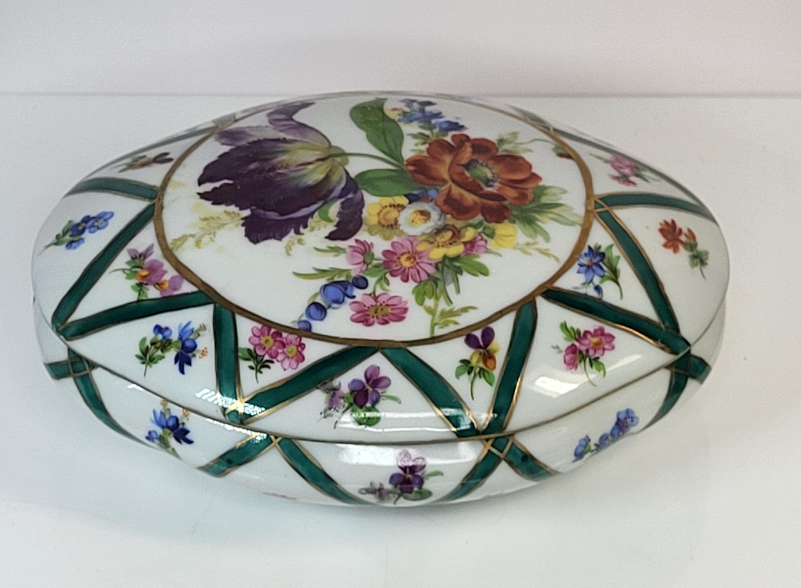 Vintage Elios Italy Hand Painted Porcelain Trinket Box, Large Oval Floral Jewelry Casket view 2