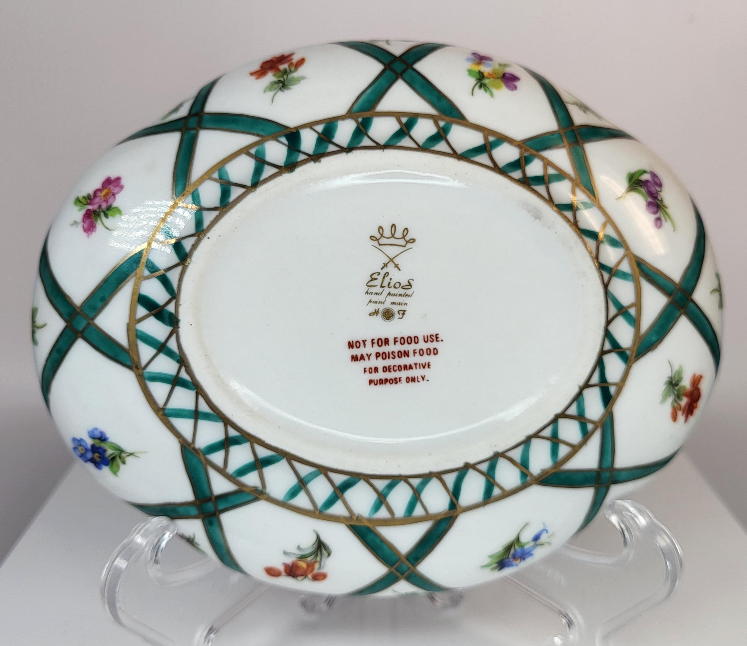 Vintage Elios Italy Hand Painted Porcelain Trinket Box, Large Oval Floral Jewelry Casket view 4