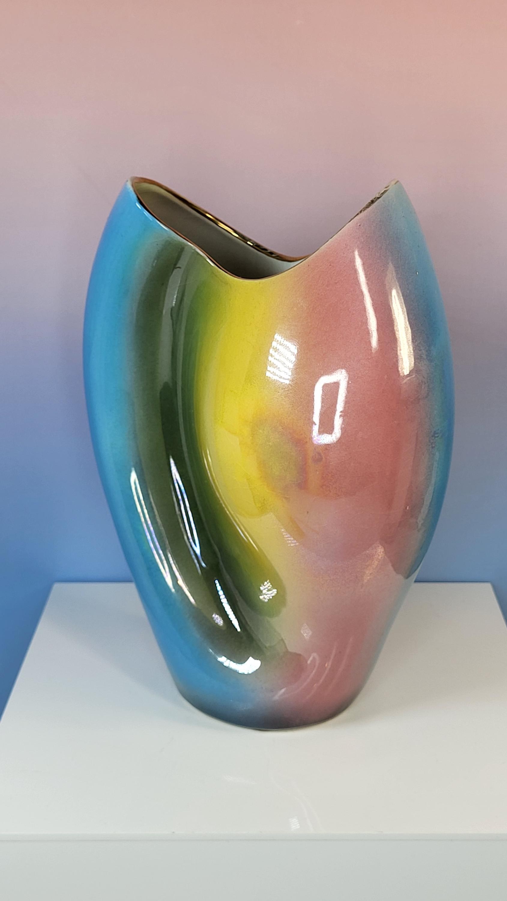 Vintage Italian Lusterware Vase - Mid Century Rainbow Art Pottery ITALY 722 view 3