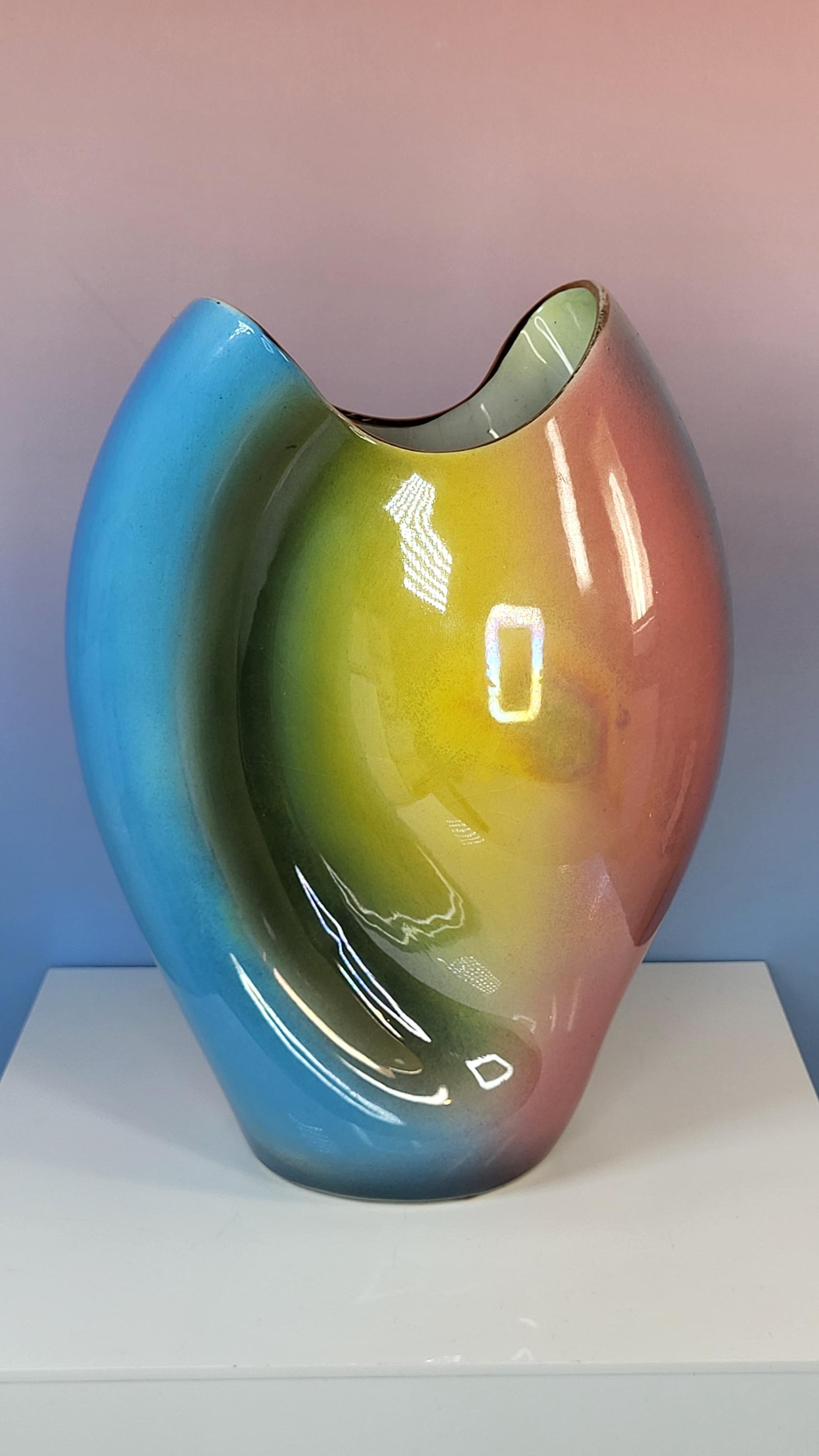 Vintage Italian Lusterware Vase - Mid Century Rainbow Art Pottery ITALY 722 view 4