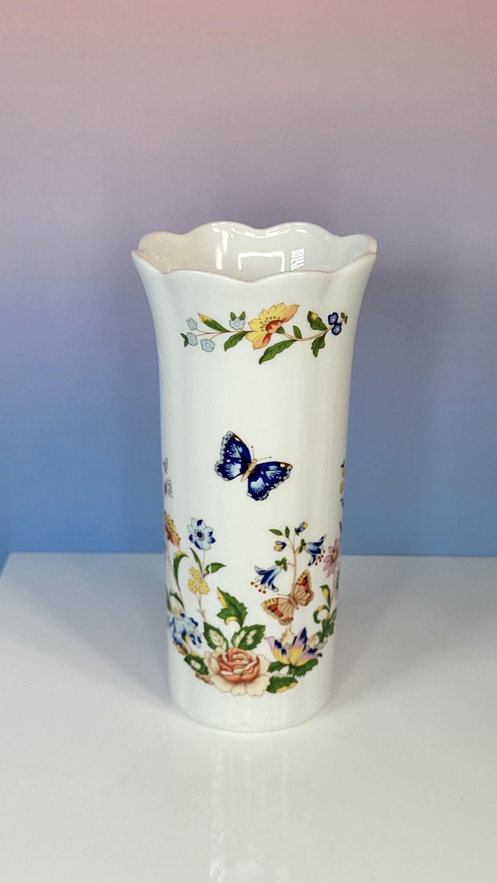 Vintage Aynsley Cottage Garden Vase, Fine Bone China, Floral Butterfly Decor