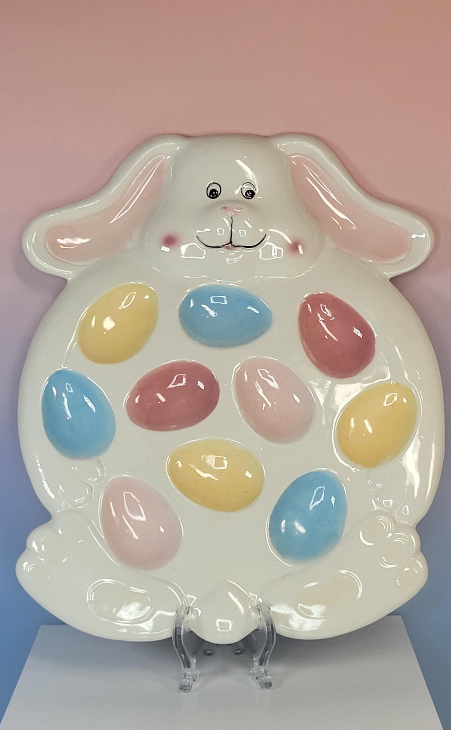 Vintage Ceramic Bunny Deviled Egg Plate - Pastel Easter Brunch Platter