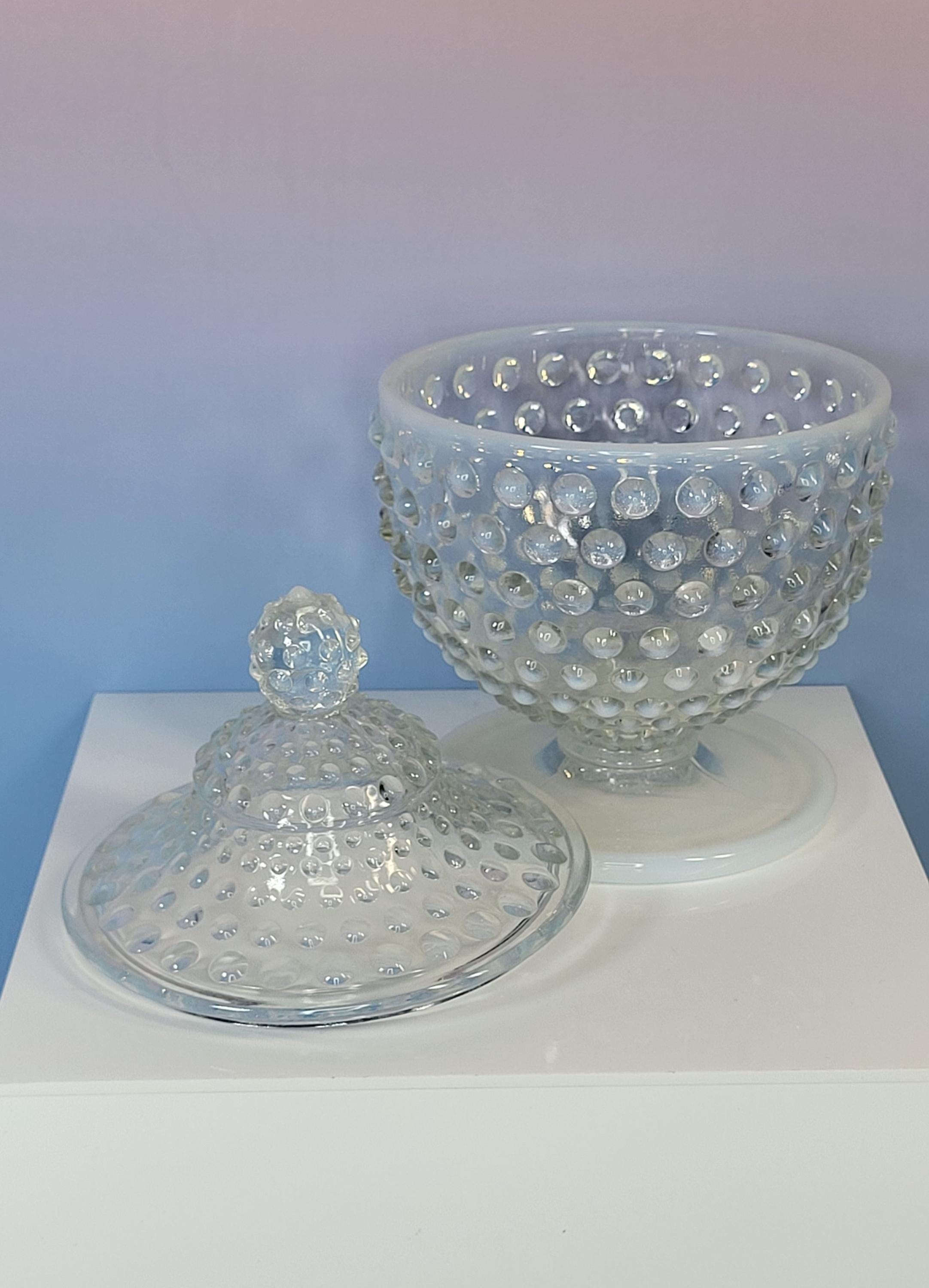 Fenton Moonstone Hobnail Candy Dish - Pale Blue Opalescent Footed Jar view 2