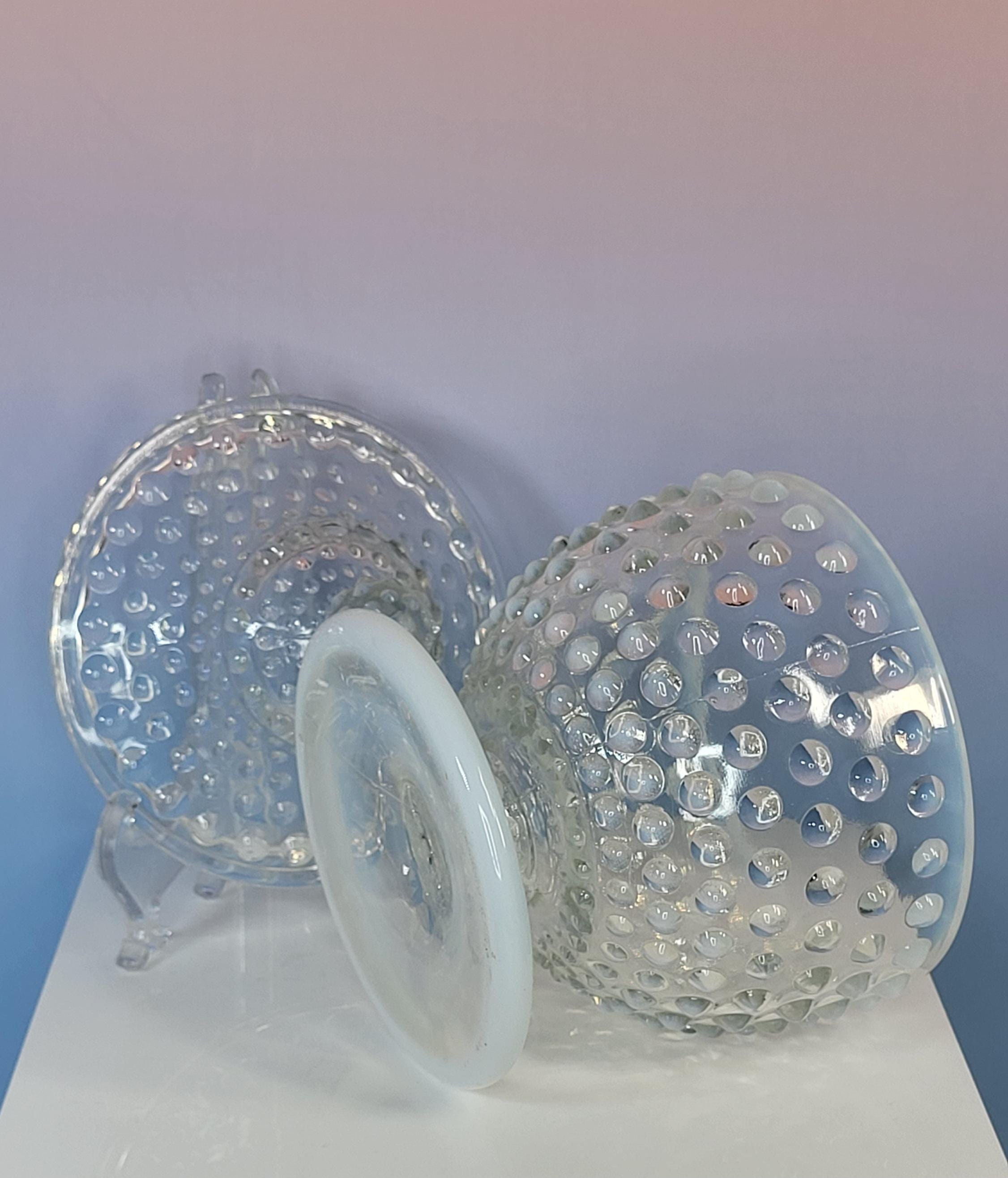 Fenton Moonstone Hobnail Candy Dish - Pale Blue Opalescent Footed Jar view 4