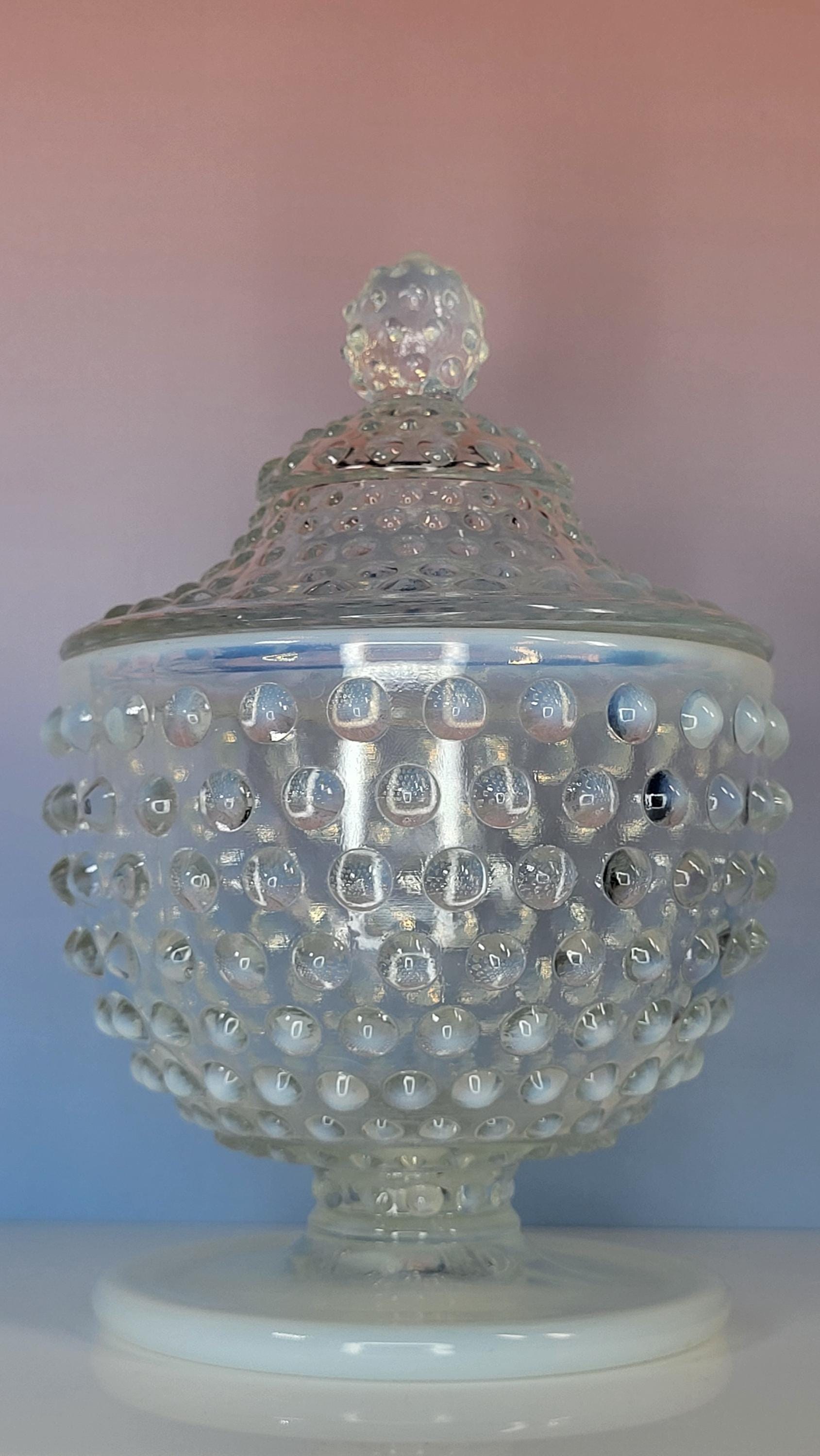 Fenton Moonstone Hobnail Candy Dish - Pale Blue Opalescent Footed Jar view 9