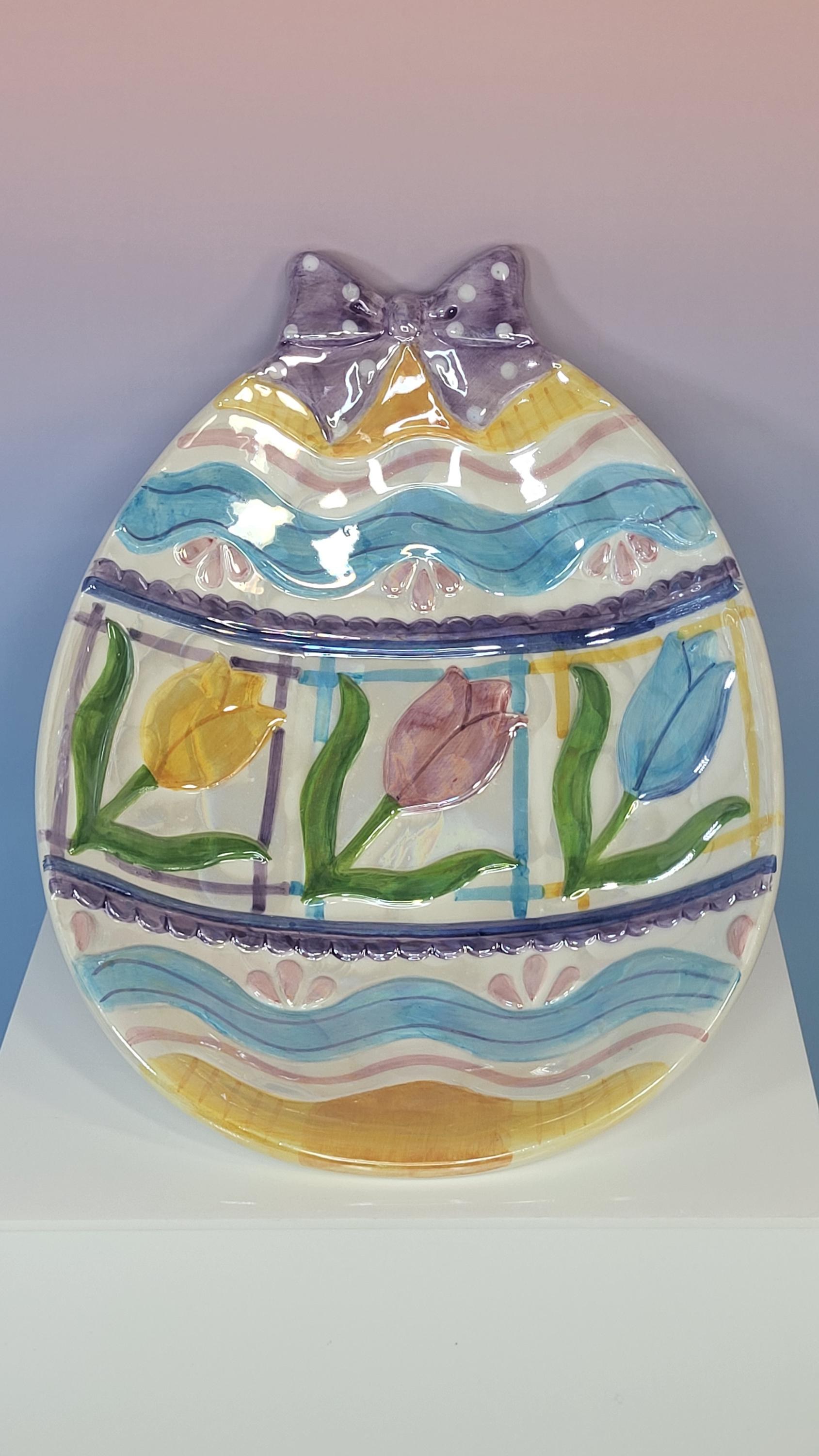 Vintage Silvestri Easter Egg Candy Dish - Hand-Painted Ceramic Tulips, Pearlescent Finish