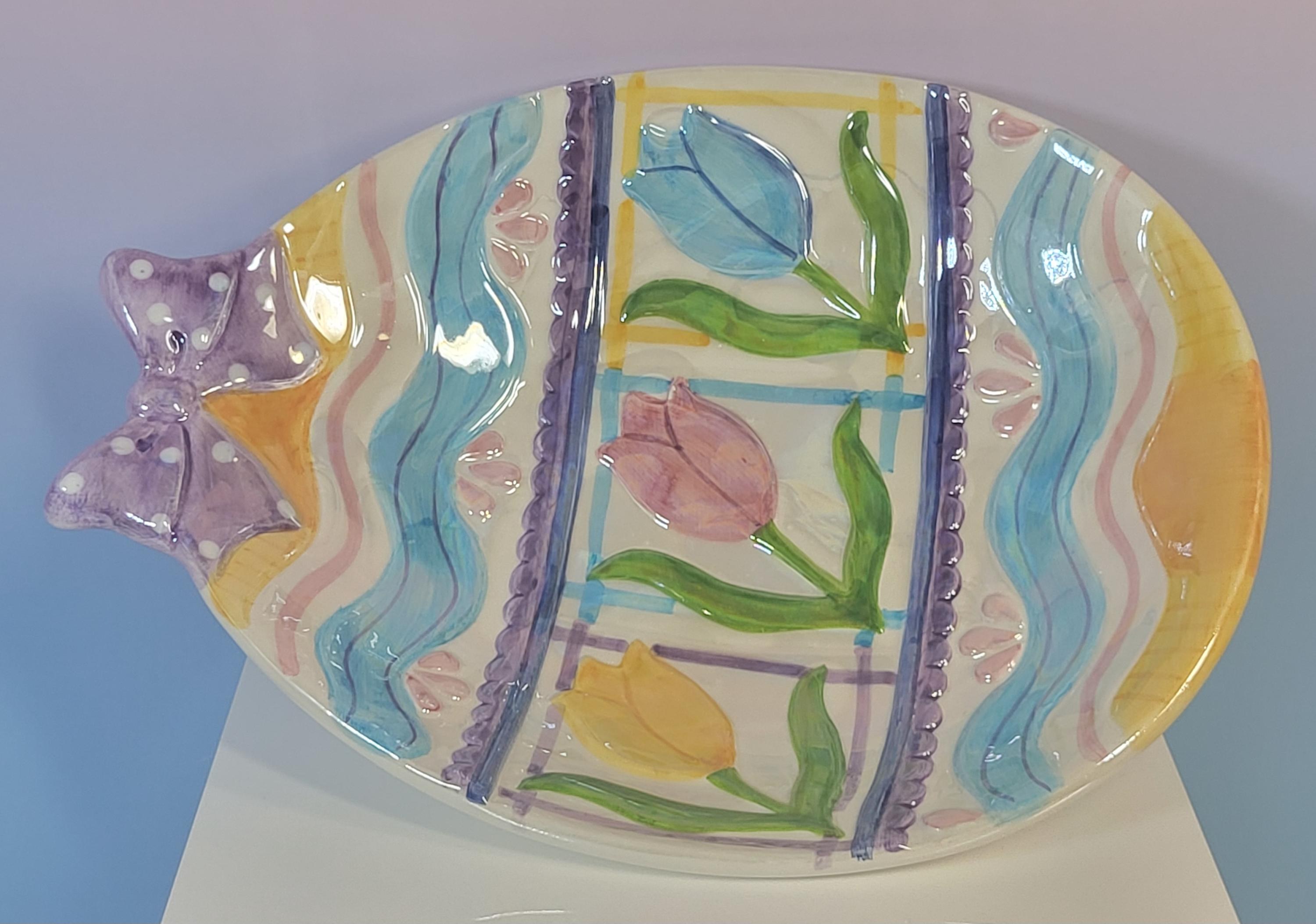 Vintage Silvestri Easter Egg Candy Dish - Hand-Painted Ceramic Tulips, Pearlescent Finish view 2