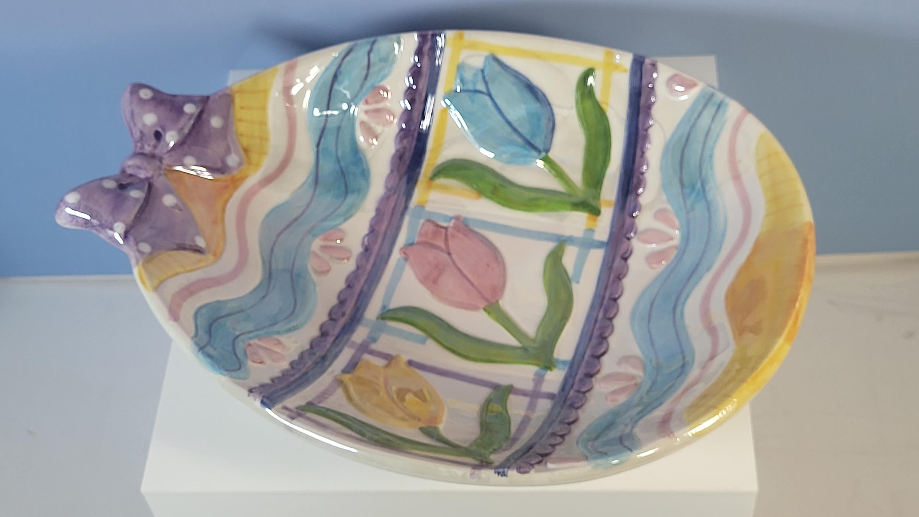Vintage Silvestri Easter Egg Candy Dish - Hand-Painted Ceramic Tulips, Pearlescent Finish view 3