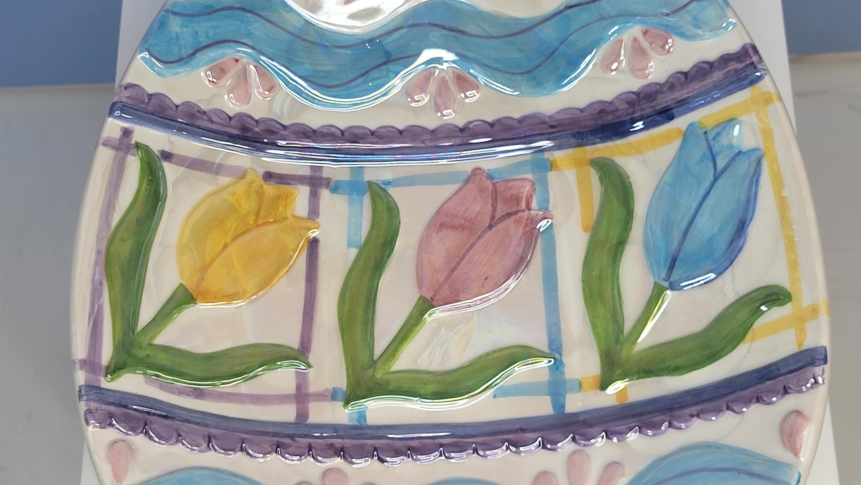 Vintage Silvestri Easter Egg Candy Dish - Hand-Painted Ceramic Tulips, Pearlescent Finish view 4