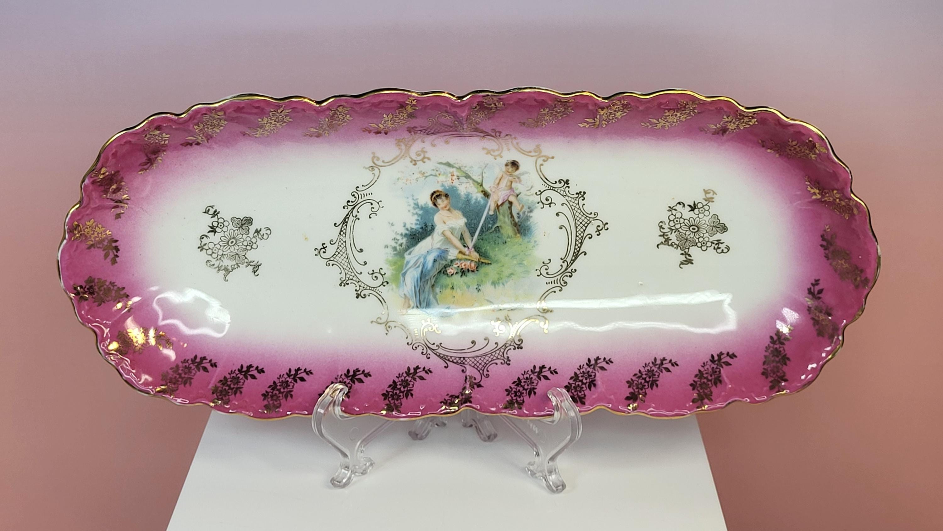 Antique German Porcelain Tray - Romantic Scene, Cupid, Pink Gilt Decor