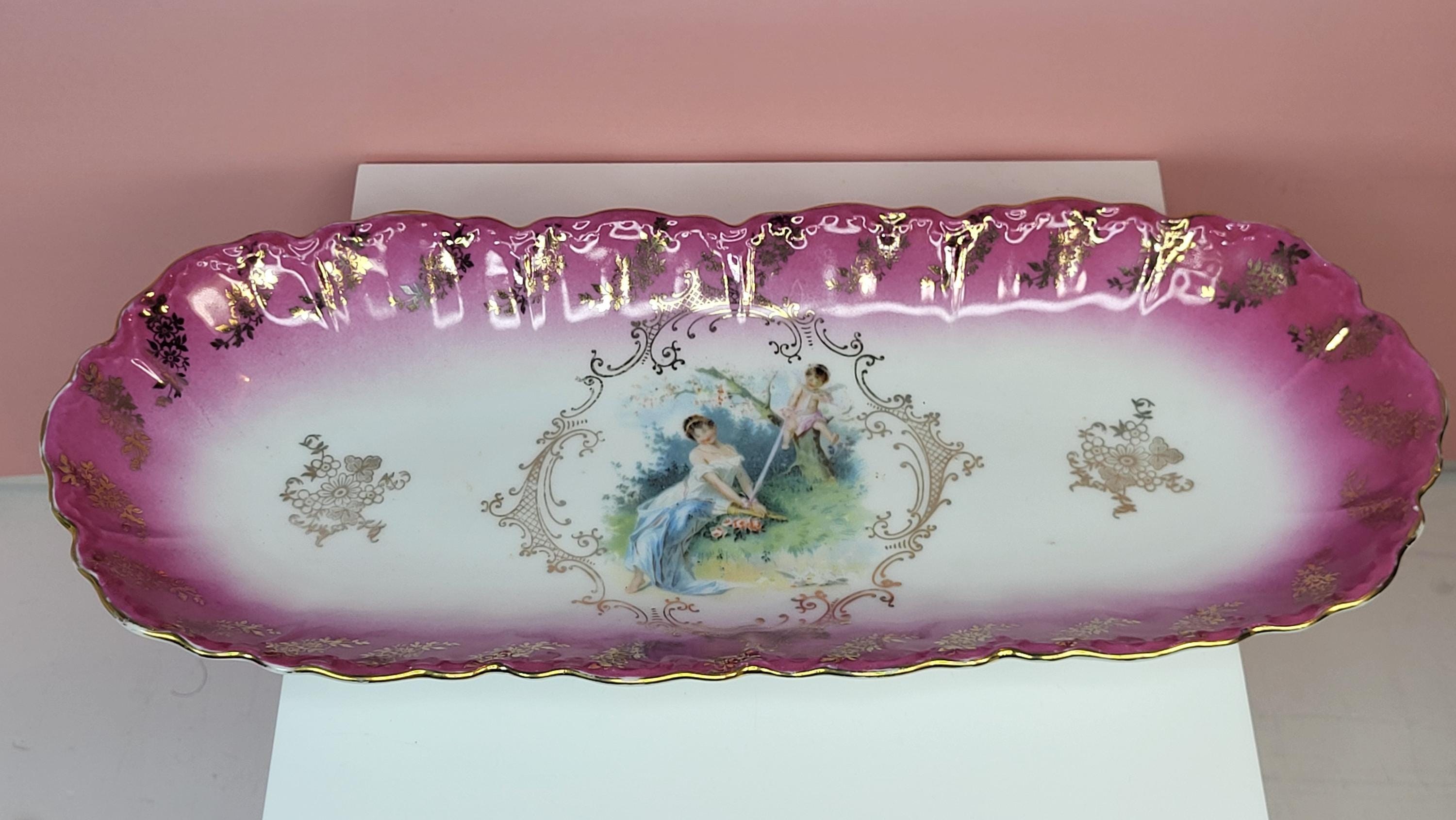 Antique German Porcelain Tray - Romantic Scene, Cupid, Pink Gilt Decor view 2