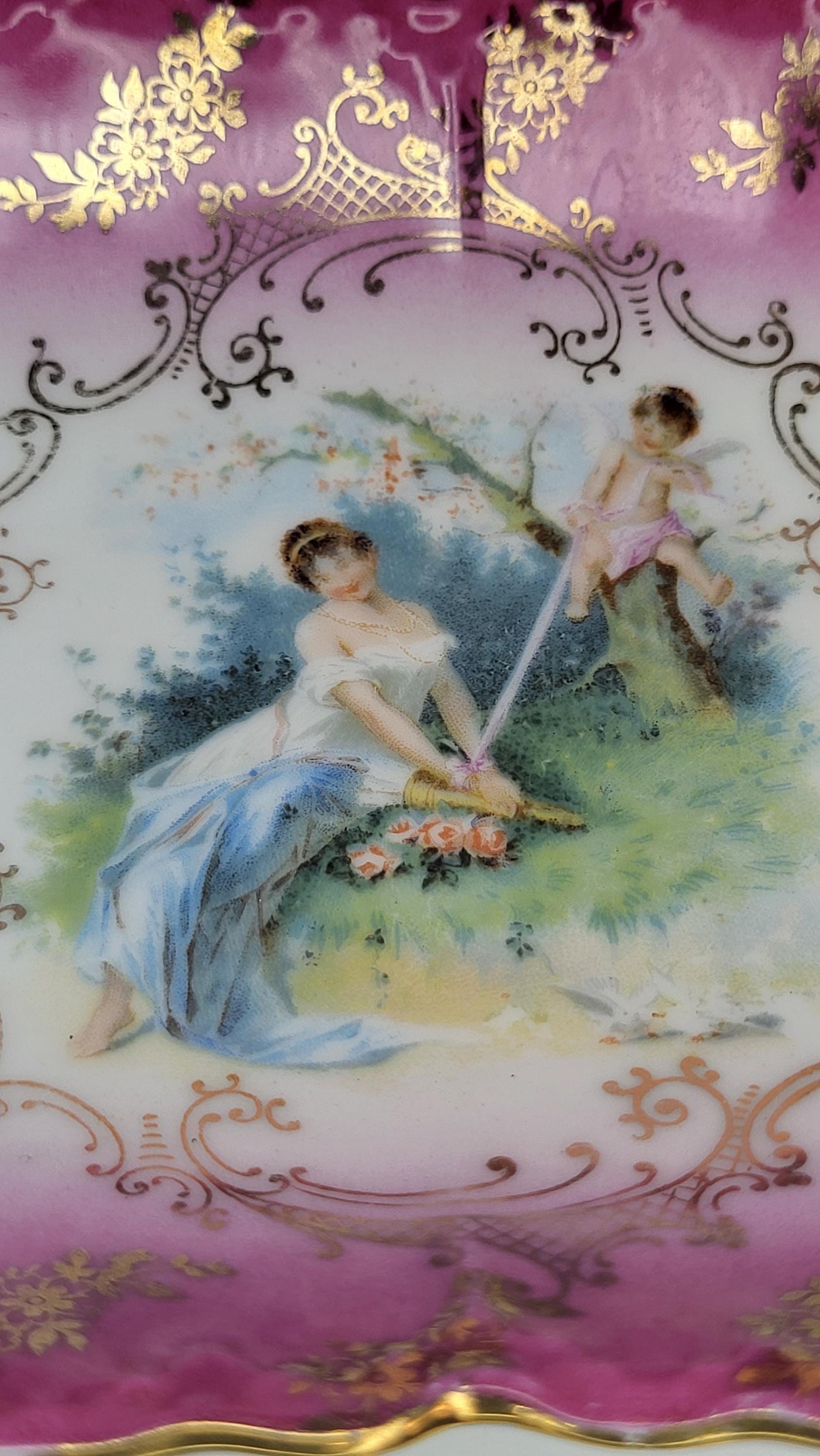 Antique German Porcelain Tray - Romantic Scene, Cupid, Pink Gilt Decor view 3