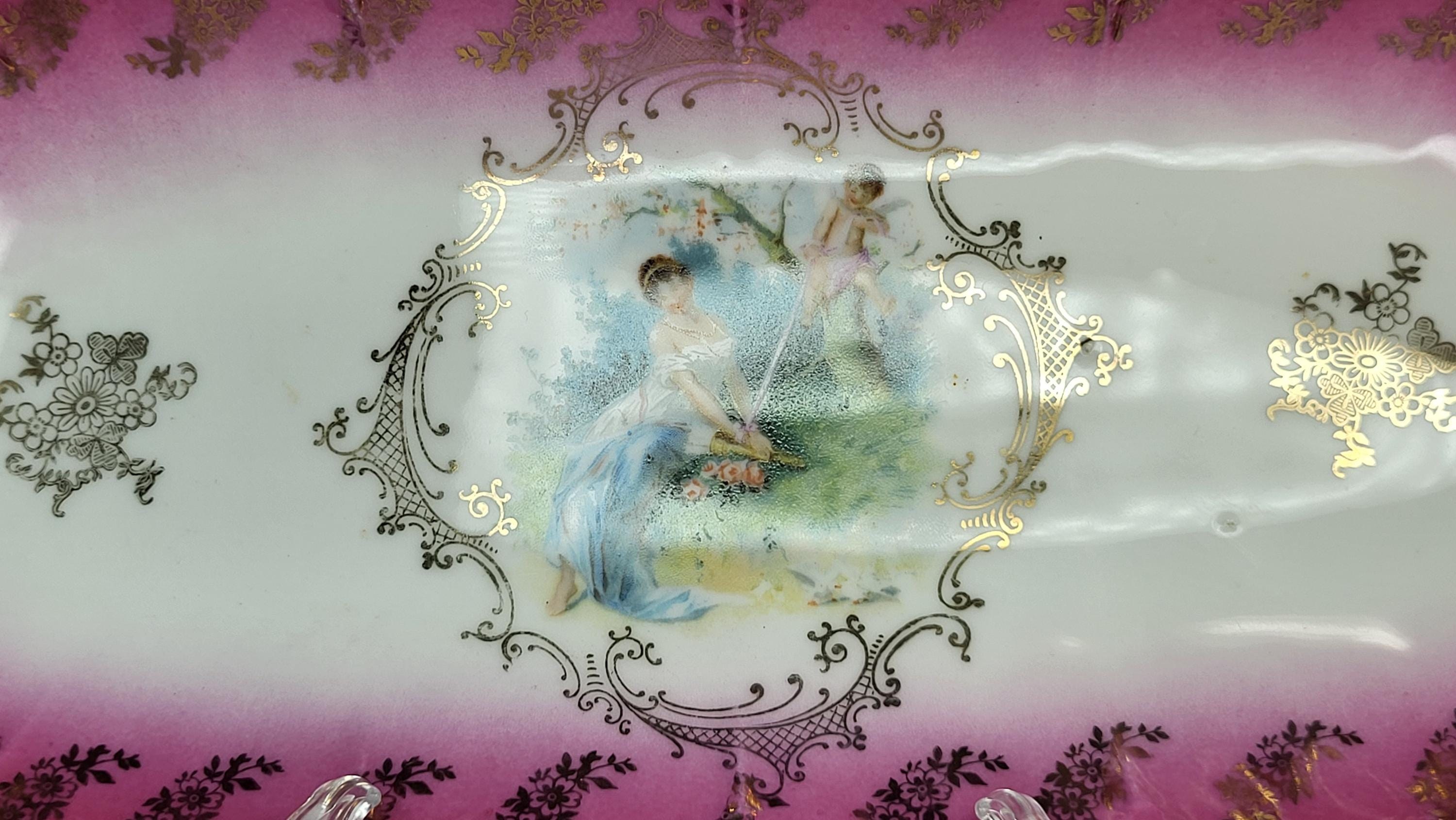 Antique German Porcelain Tray - Romantic Scene, Cupid, Pink Gilt Decor view 6