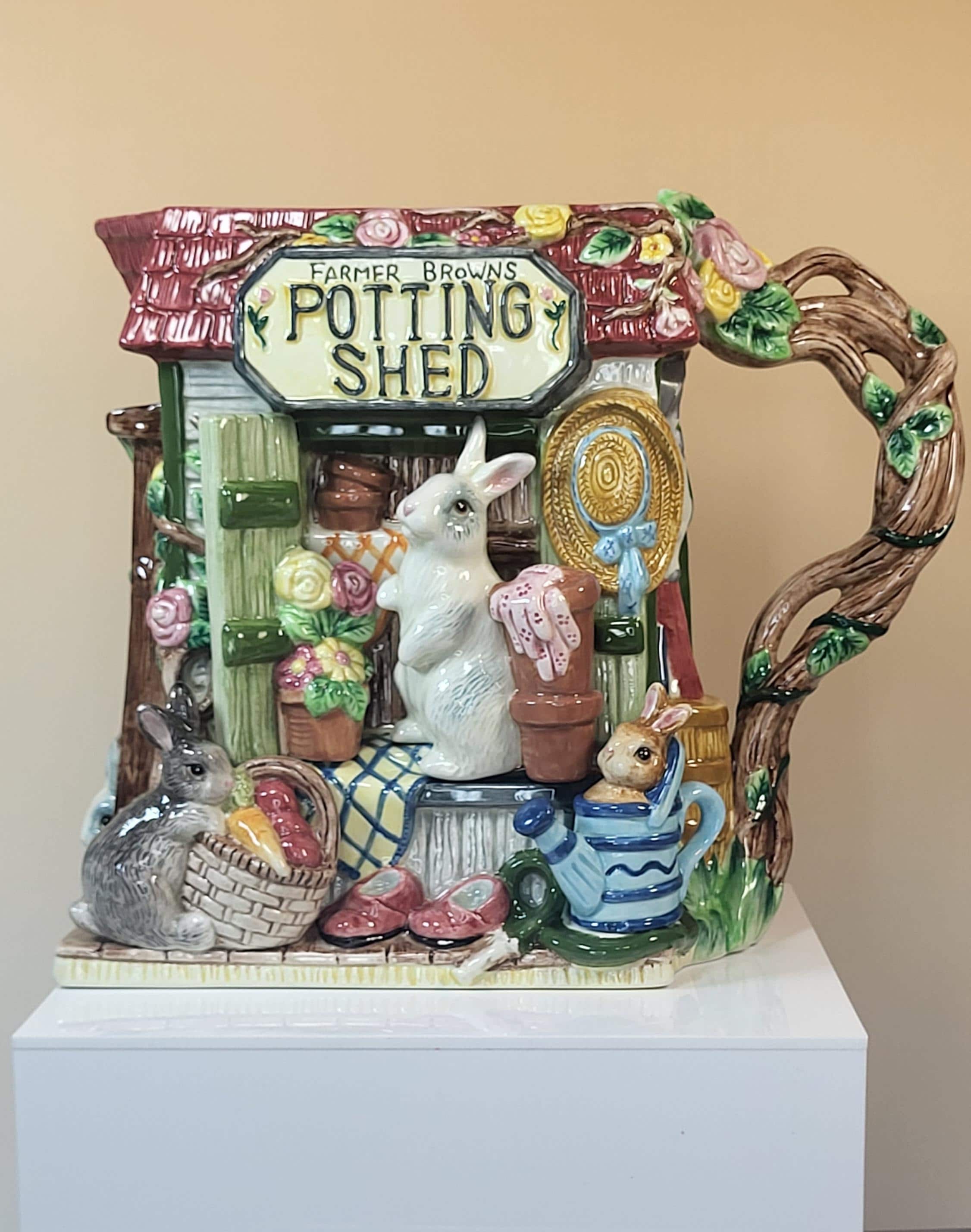Fitz and Floyd Potting Shed Bunny Pitcher - 1996 Hand-Painted Ceramic Garden Jug