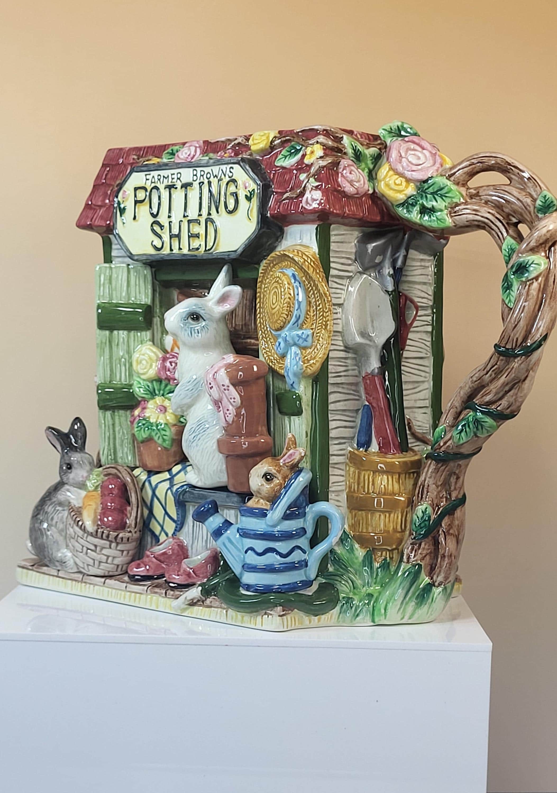 Fitz and Floyd Potting Shed Bunny Pitcher - 1996 Hand-Painted Ceramic Garden Jug view 3