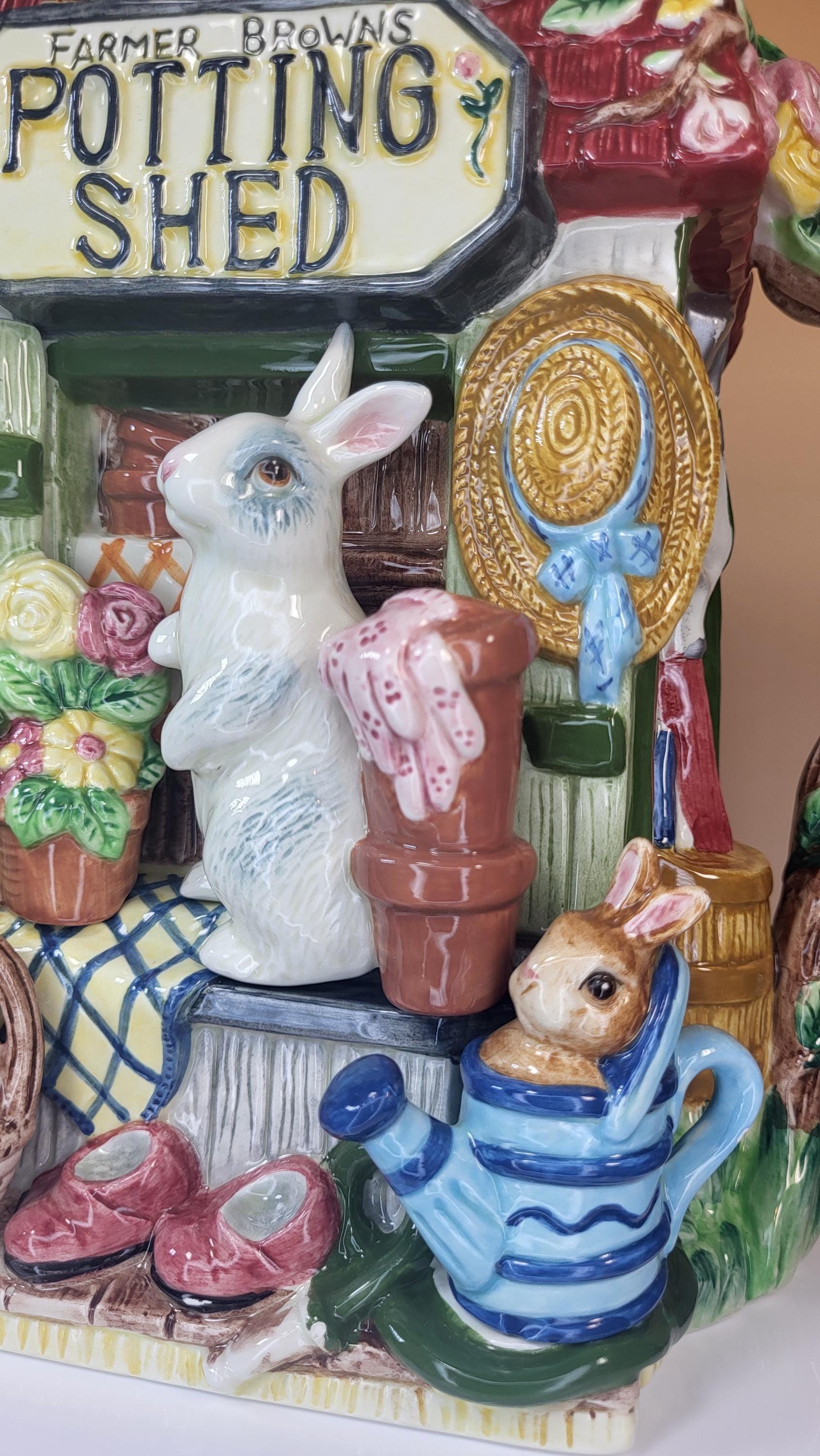 Fitz and Floyd Potting Shed Bunny Pitcher - 1996 Hand-Painted Ceramic Garden Jug view 6