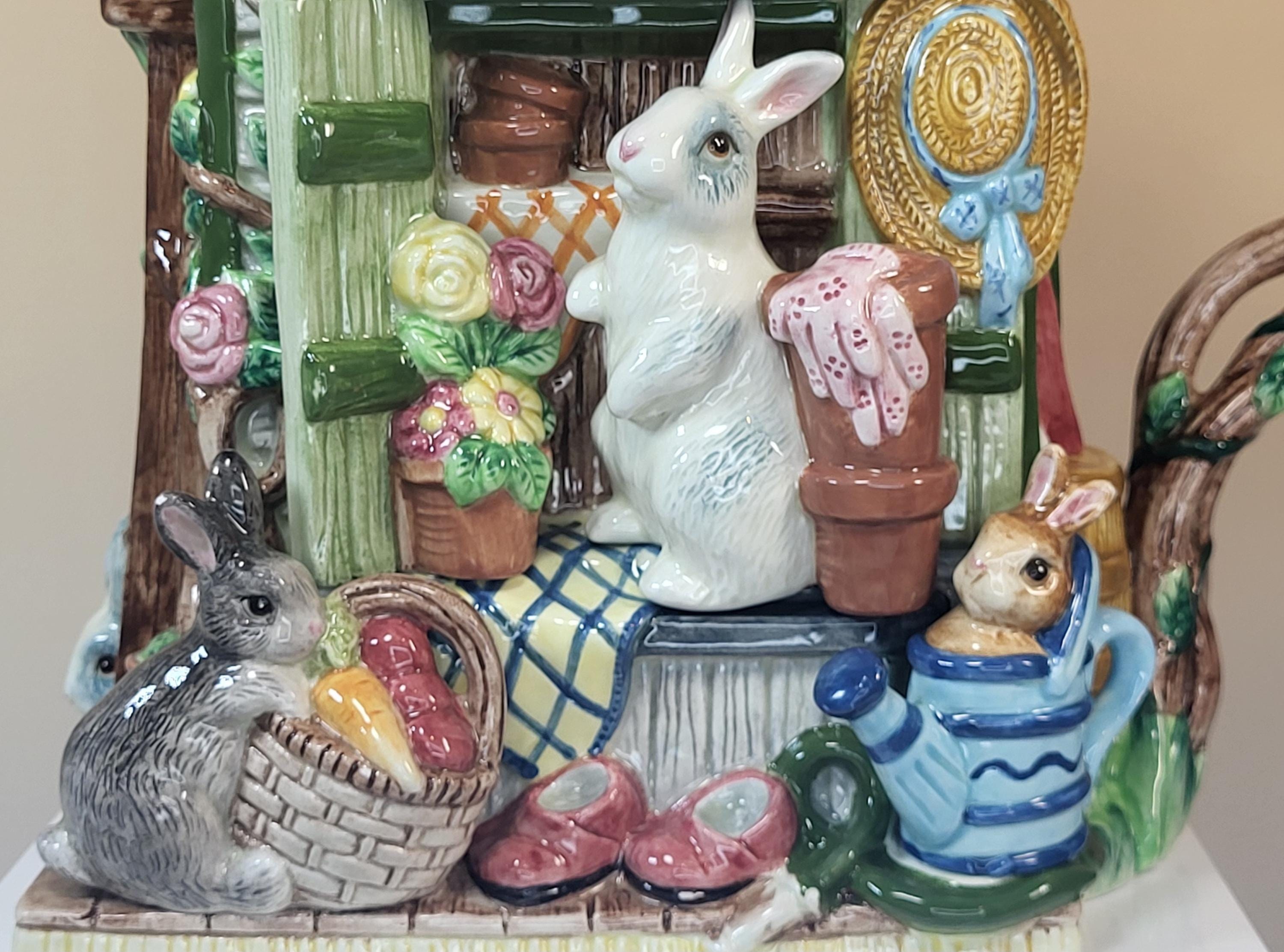 Fitz and Floyd Potting Shed Bunny Pitcher - 1996 Hand-Painted Ceramic Garden Jug view 9