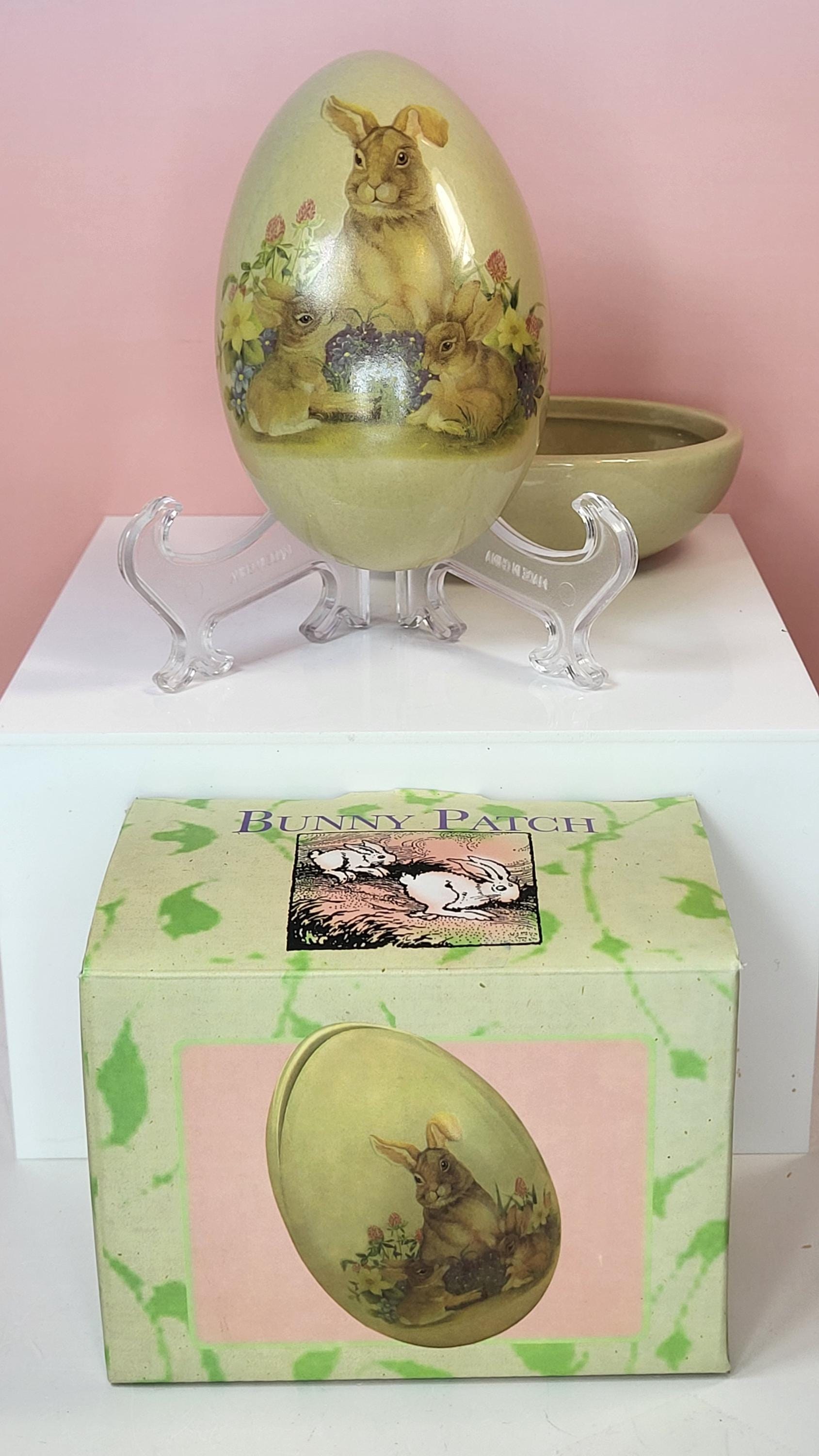 Vintage Bunny Patch Ceramic Egg Trinket Box, 1990s Easter Bunny Covered Dish
