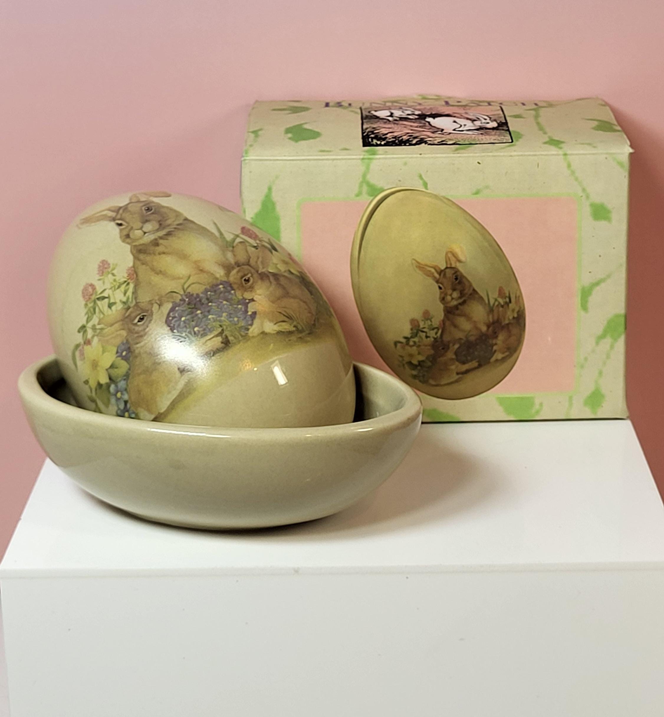 Vintage Bunny Patch Ceramic Egg Trinket Box, 1990s Easter Bunny Covered Dish view 3