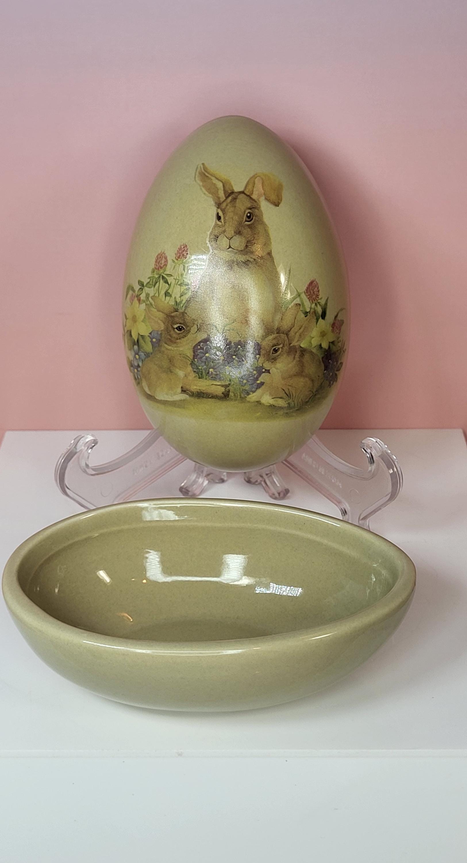 Vintage Bunny Patch Ceramic Egg Trinket Box, 1990s Easter Bunny Covered Dish view 4