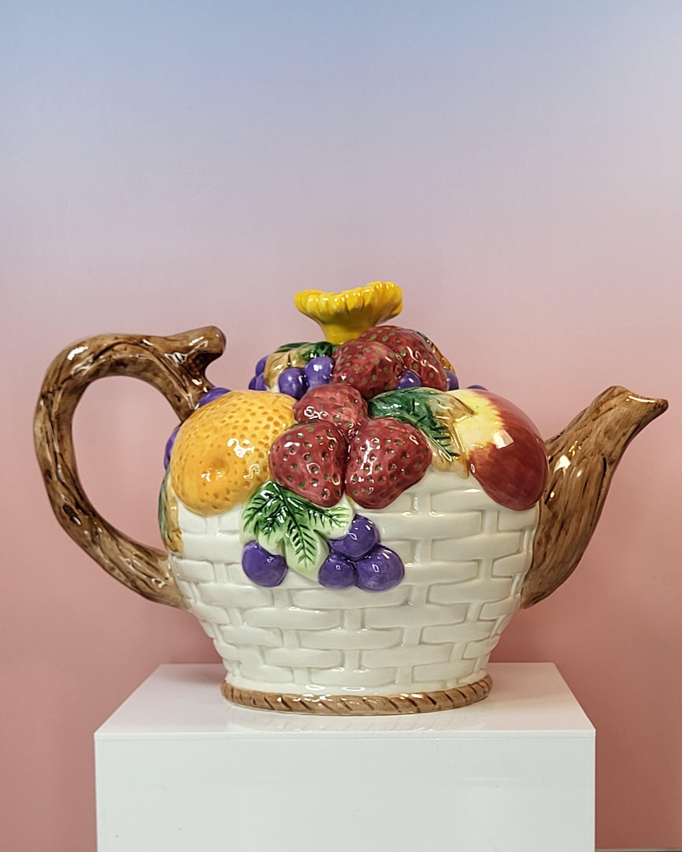 Vintage Fruit Basket Teapot - Hand-Painted Majolica Style Ceramic Cottagecore Kitchen Decor