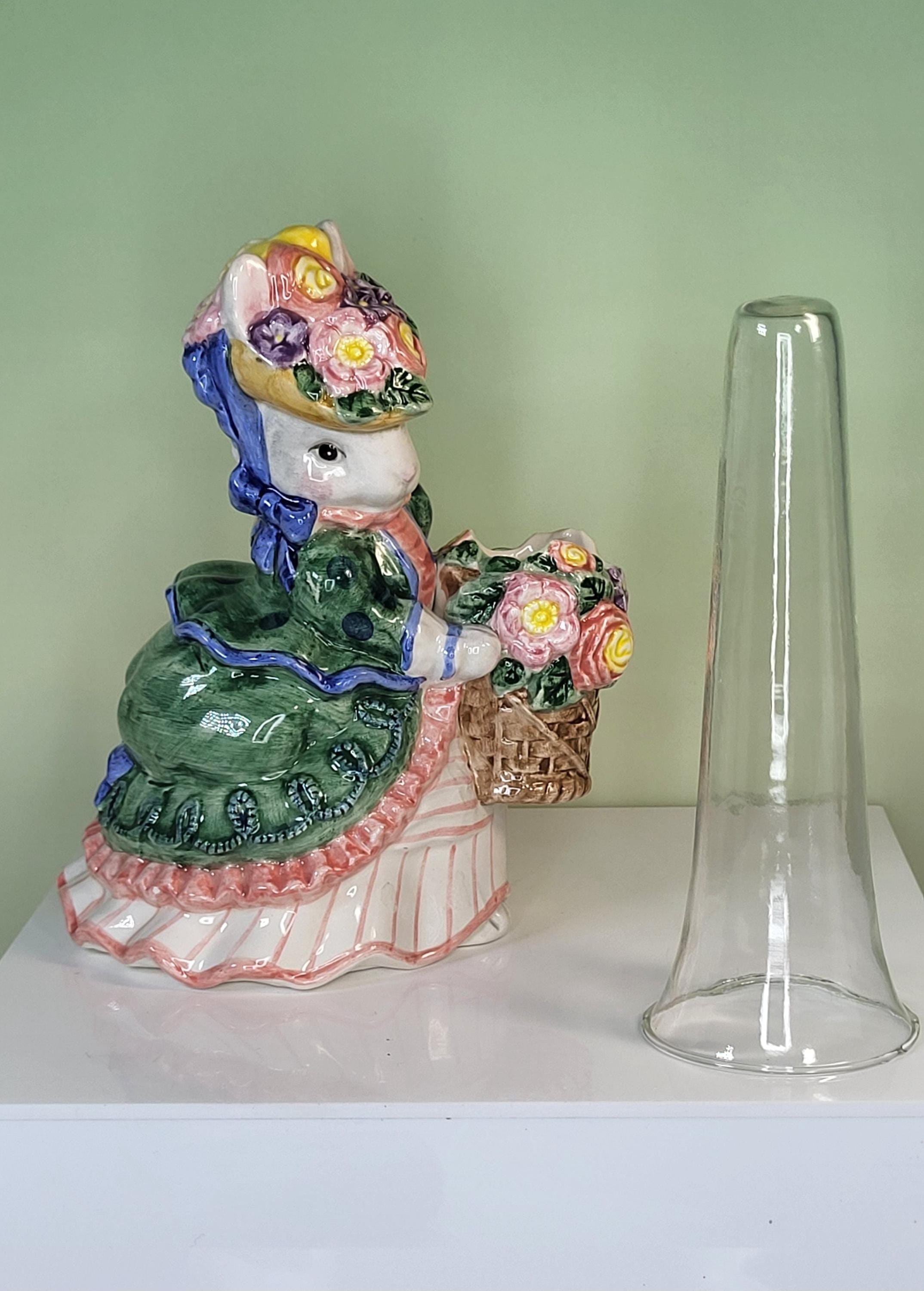 Rare Fitz and Floyd Spring Collector's Set: "Promenade" Rabbit Vase with Glass Insert and Cotton Tailors Bunny Shakers view 2