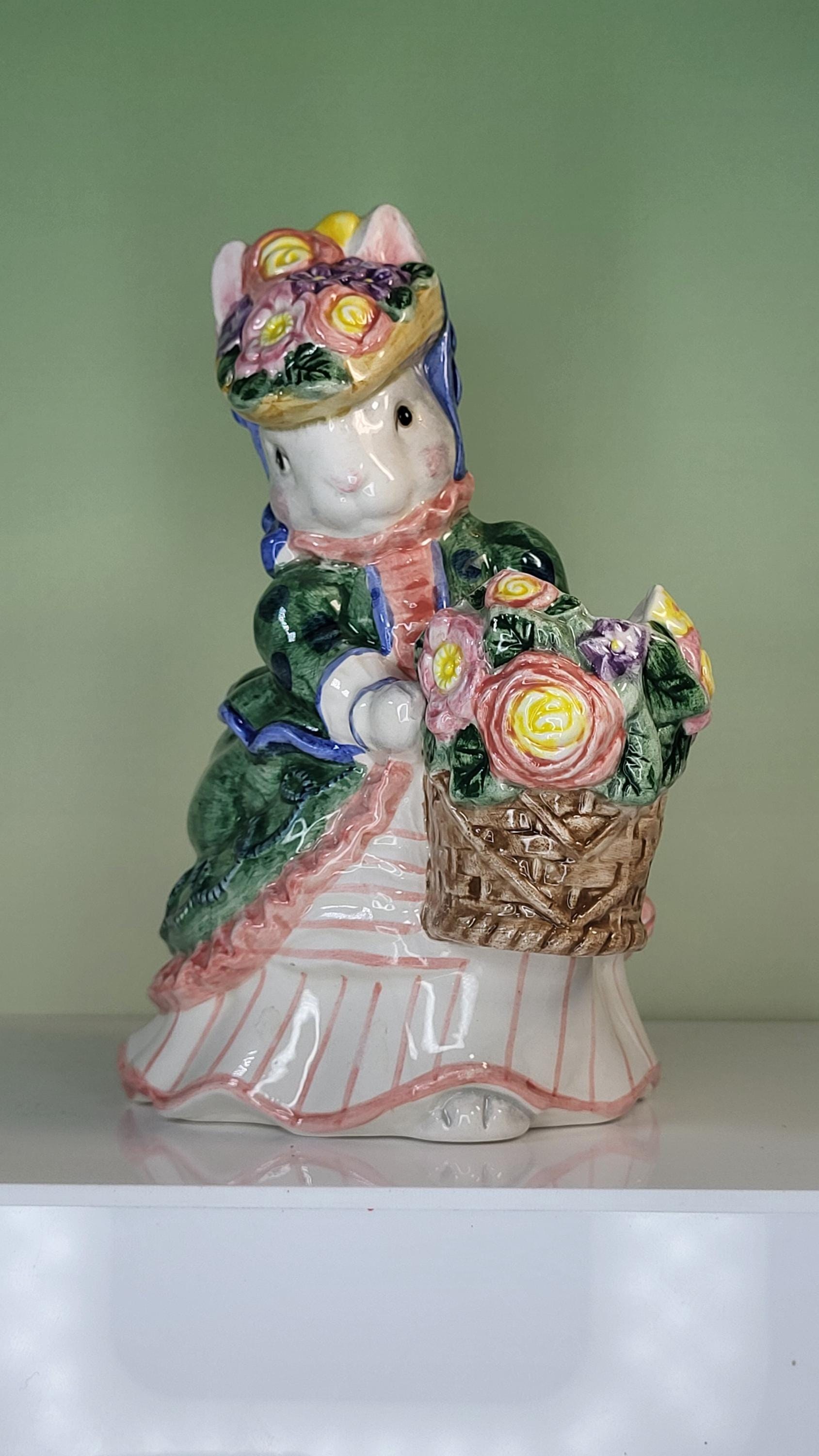 Rare Fitz and Floyd Spring Collector's Set: "Promenade" Rabbit Vase with Glass Insert and Cotton Tailors Bunny Shakers view 3