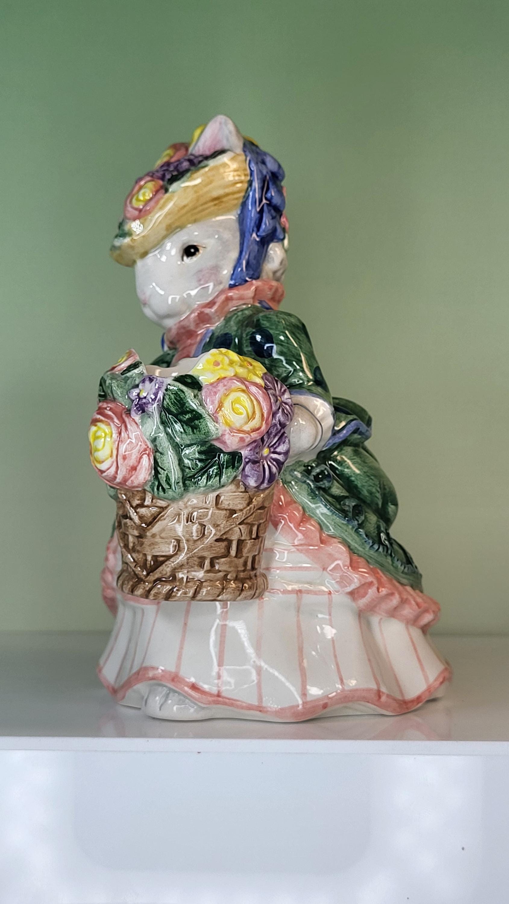 Rare Fitz and Floyd Spring Collector's Set: "Promenade" Rabbit Vase with Glass Insert and Cotton Tailors Bunny Shakers view 4