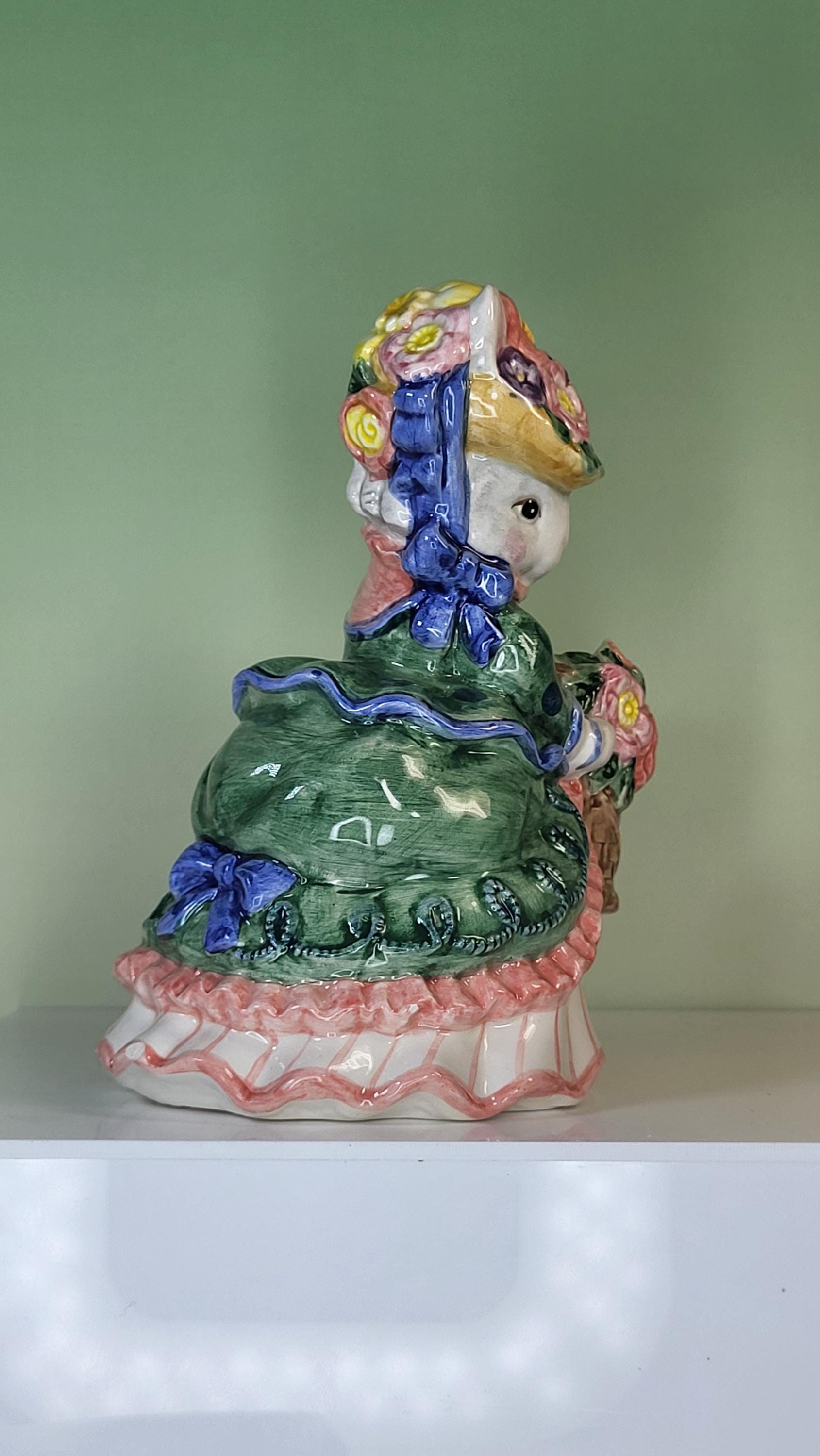 Rare Fitz and Floyd Spring Collector's Set: "Promenade" Rabbit Vase with Glass Insert and Cotton Tailors Bunny Shakers view 7