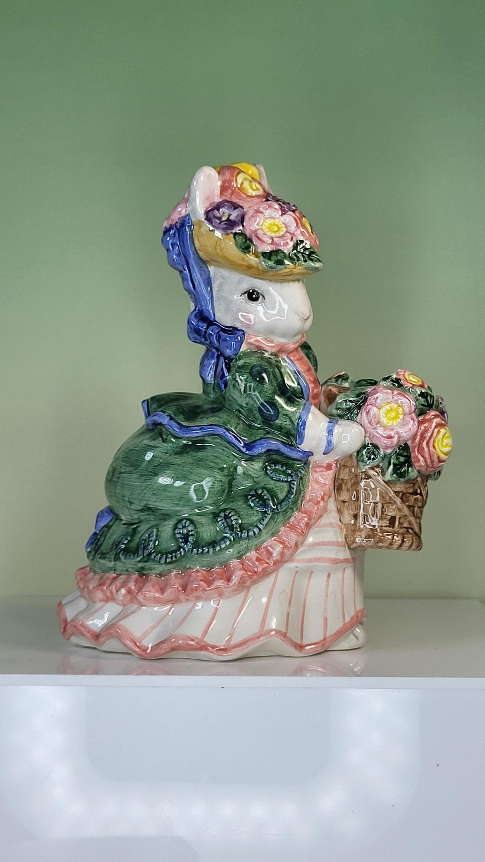 Rare Fitz and Floyd Spring Collector's Set: "Promenade" Rabbit Vase with Glass Insert and Cotton Tailors Bunny Shakers view 8