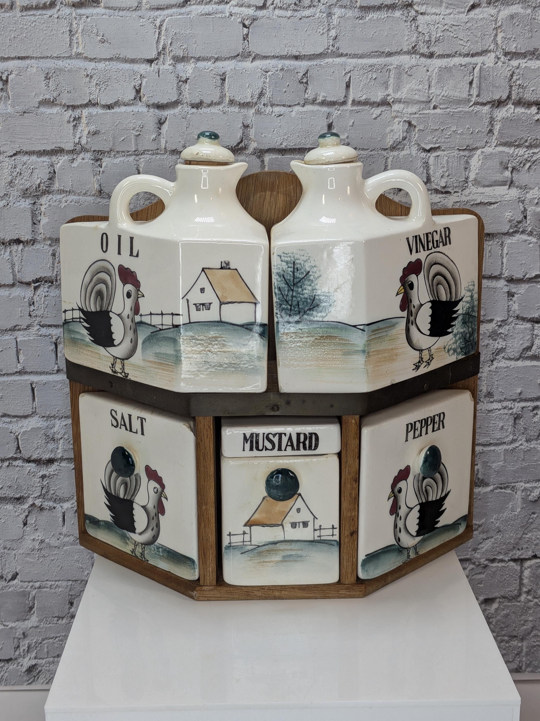 Vintage 1950s Rooster Spice Rack Set - Hand-Painted Ceramic Japan - Farmhouse Kitschy Kitchen Decor - Complete and Hangable