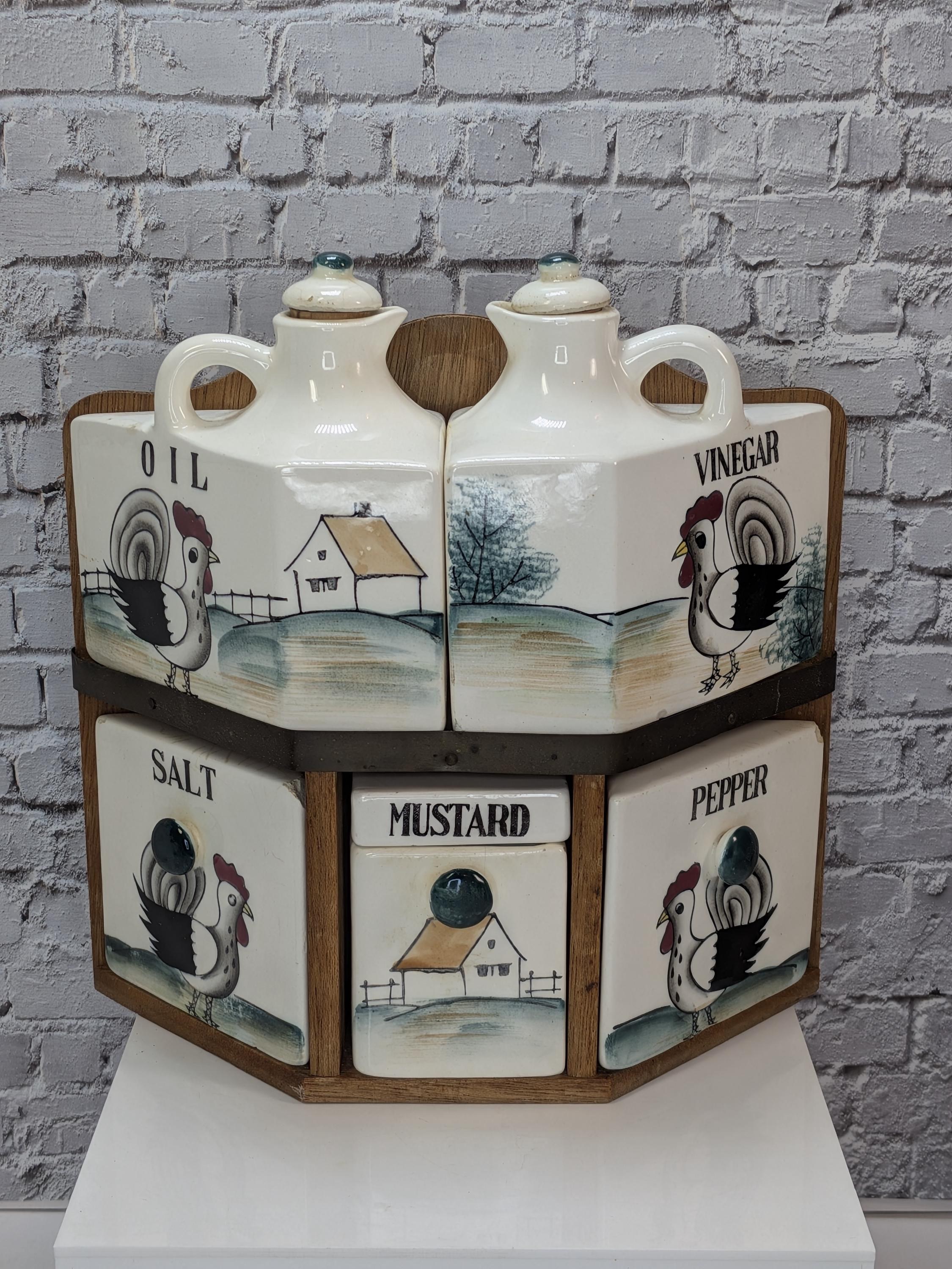 Vintage 1950s Rooster Spice Rack Set - Hand-Painted Ceramic Japan - Farmhouse Kitschy Kitchen Decor - Complete and Hangable view 2