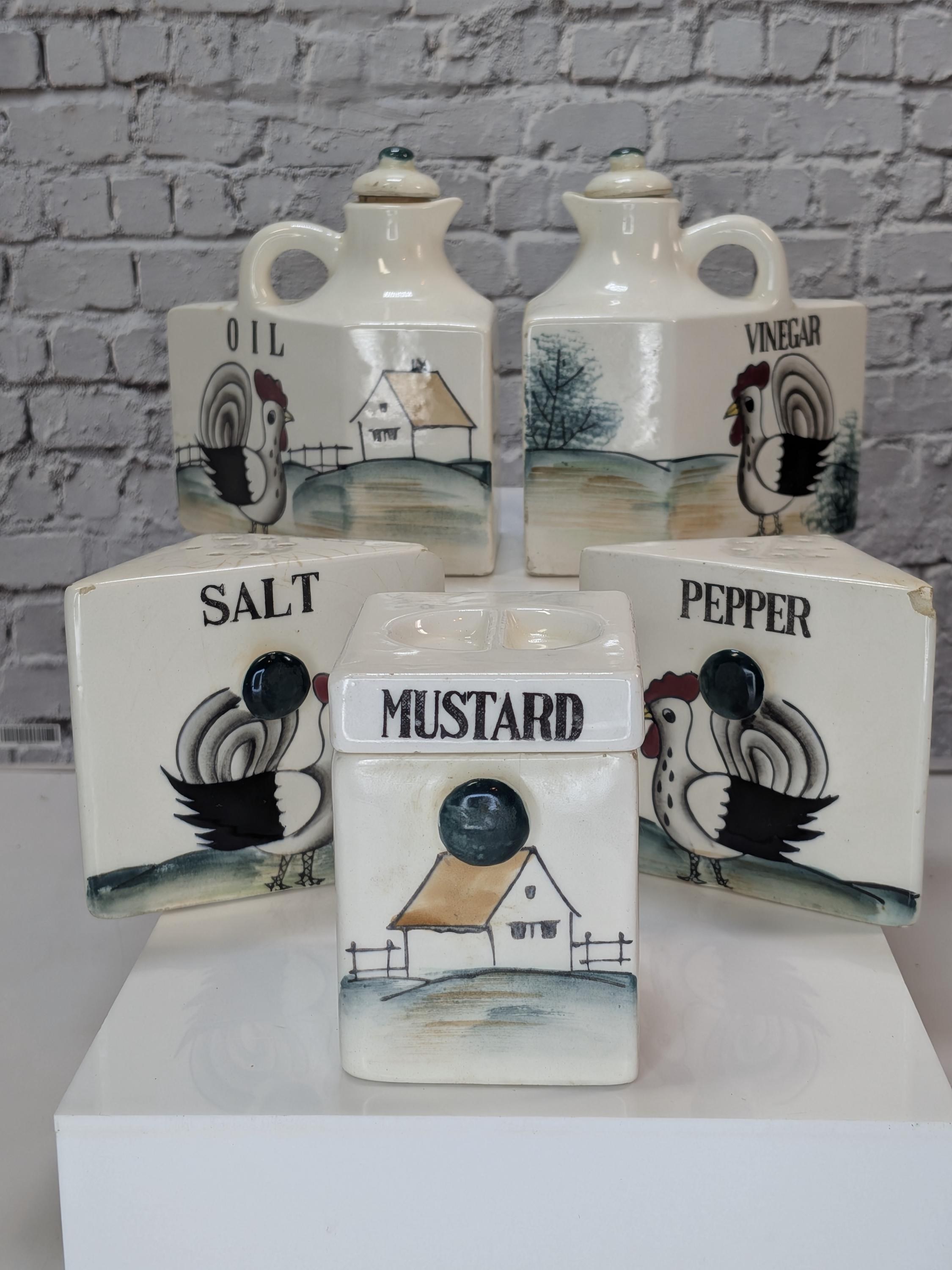 Vintage 1950s Rooster Spice Rack Set - Hand-Painted Ceramic Japan - Farmhouse Kitschy Kitchen Decor - Complete and Hangable view 13