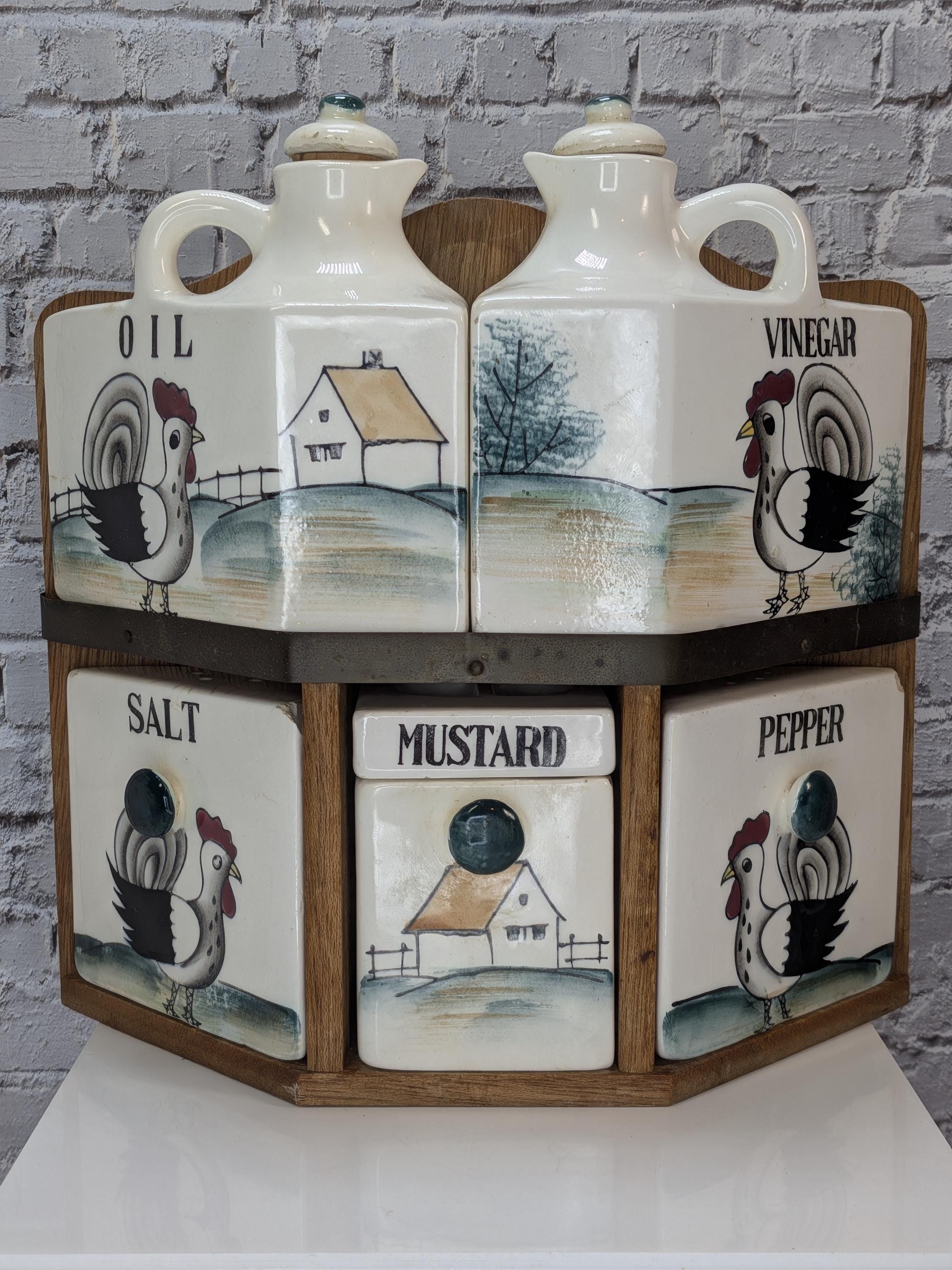 Vintage 1950s Rooster Spice Rack Set - Hand-Painted Ceramic Japan - Farmhouse Kitschy Kitchen Decor - Complete and Hangable view 16
