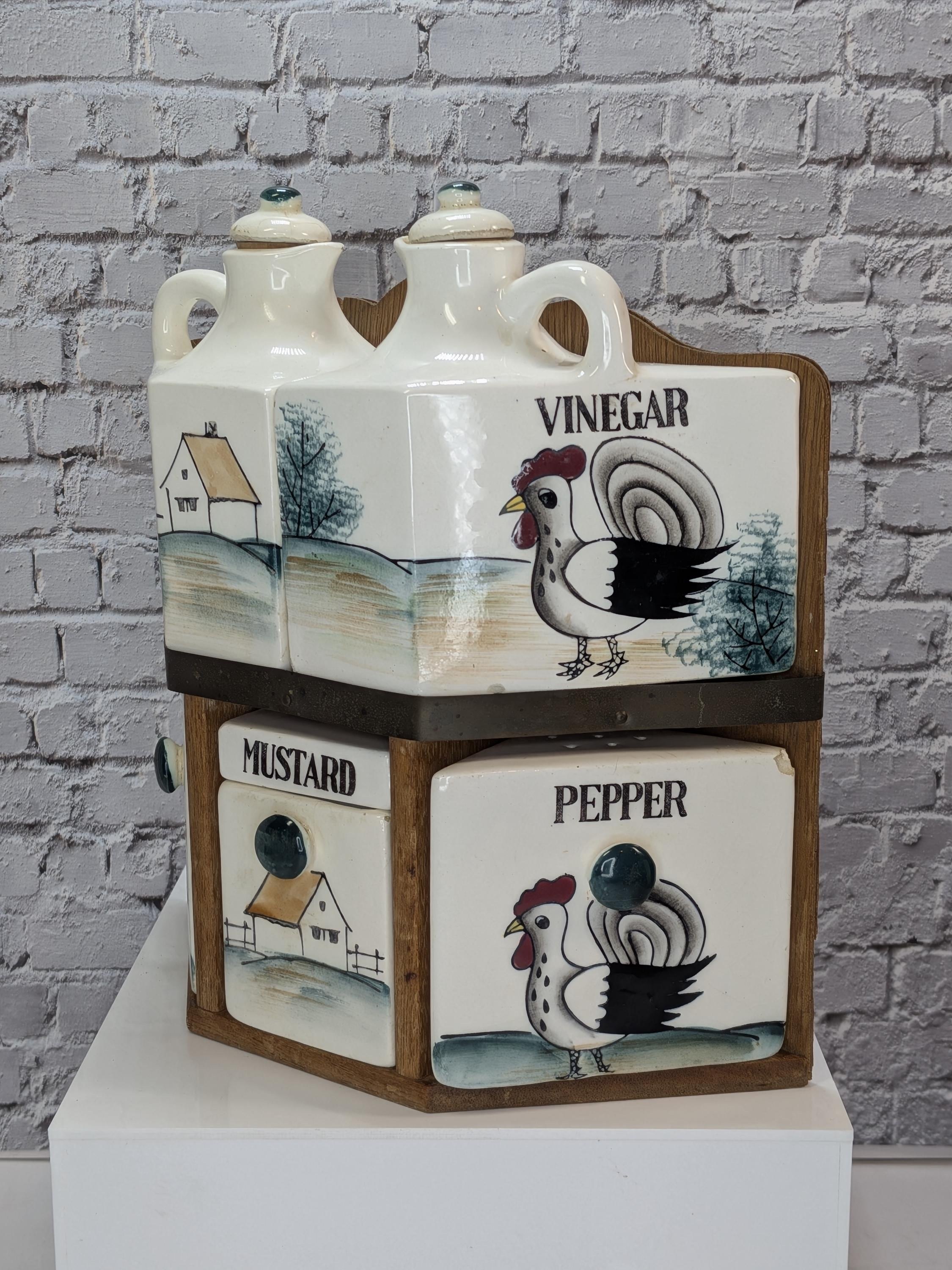 Vintage 1950s Rooster Spice Rack Set - Hand-Painted Ceramic Japan - Farmhouse Kitschy Kitchen Decor - Complete and Hangable view 3