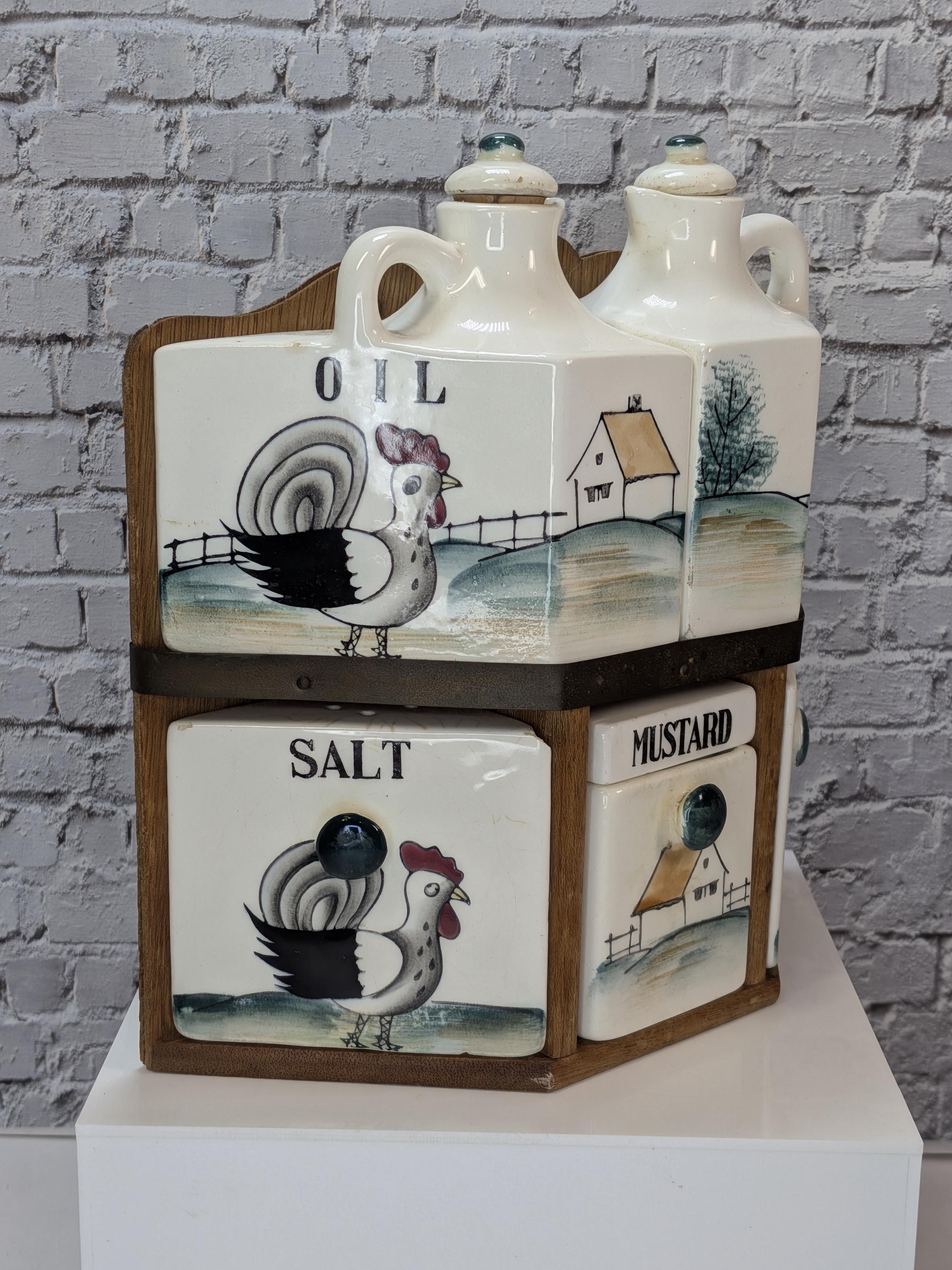 Vintage 1950s Rooster Spice Rack Set - Hand-Painted Ceramic Japan - Farmhouse Kitschy Kitchen Decor - Complete and Hangable view 4