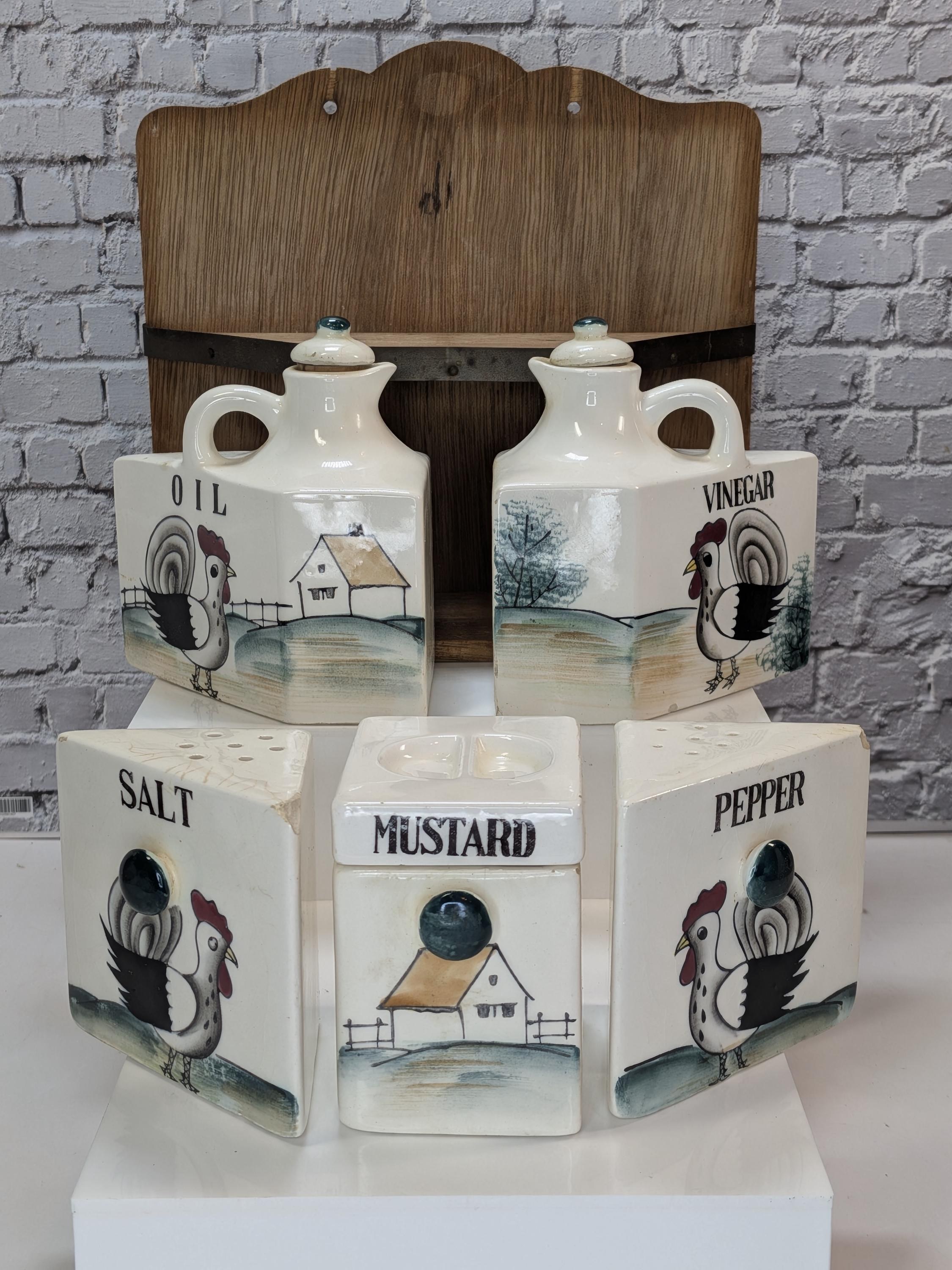 Vintage 1950s Rooster Spice Rack Set - Hand-Painted Ceramic Japan - Farmhouse Kitschy Kitchen Decor - Complete and Hangable view 8