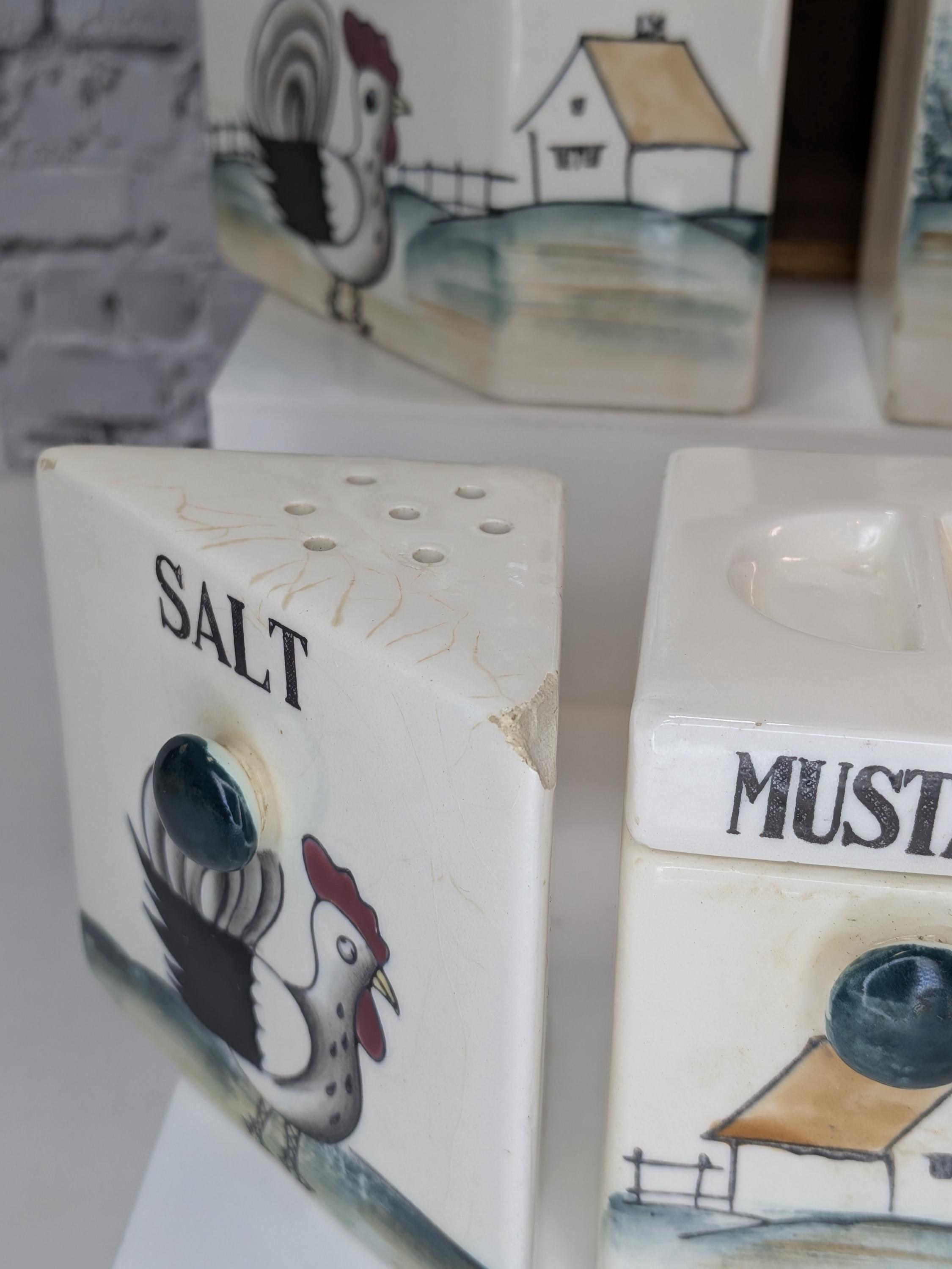 Vintage 1950s Rooster Spice Rack Set - Hand-Painted Ceramic Japan - Farmhouse Kitschy Kitchen Decor - Complete and Hangable view 10