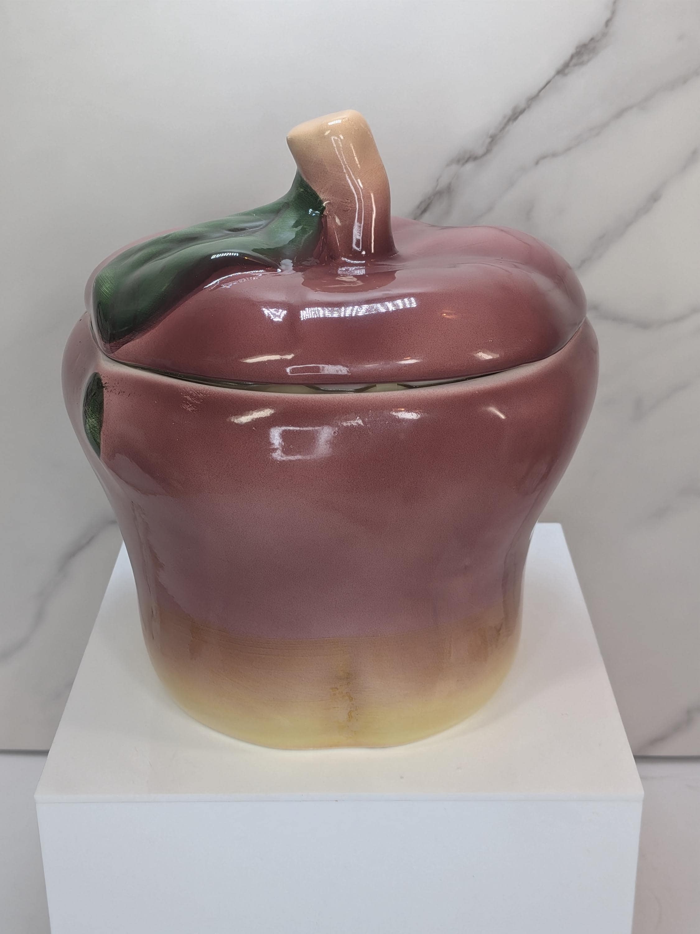Vintage Red Ceramic Apple Cookie Jar - Glossy Blushing Apple Canister - Desk Decor & Teacher Appreciation Gift - Like New! Never Used