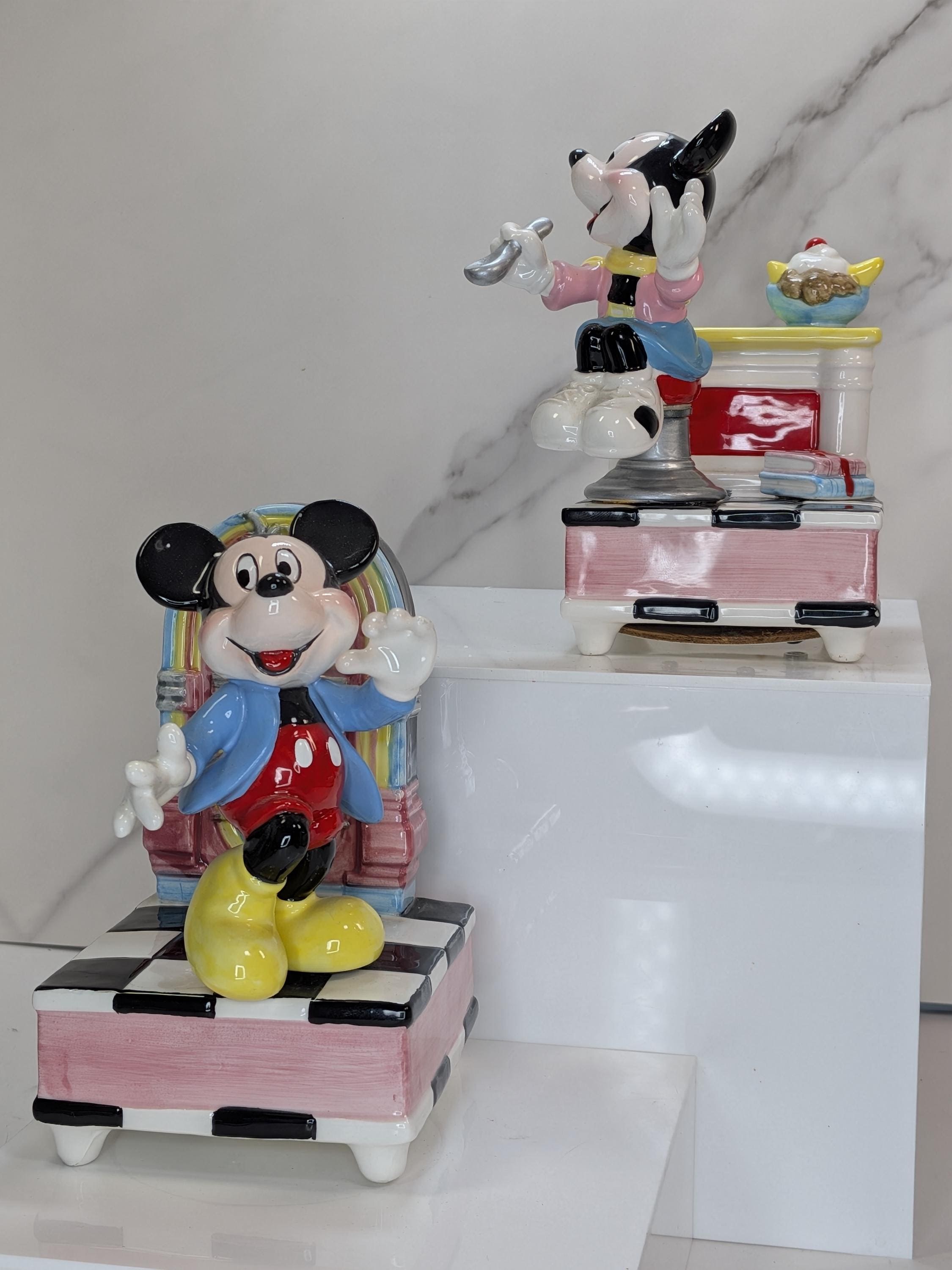 Vintage 1980s Disney Schmid Musical Figurine Set - Mickey Jukebox & Minnie Diner - Both Play and Move but Minnie has Flaws