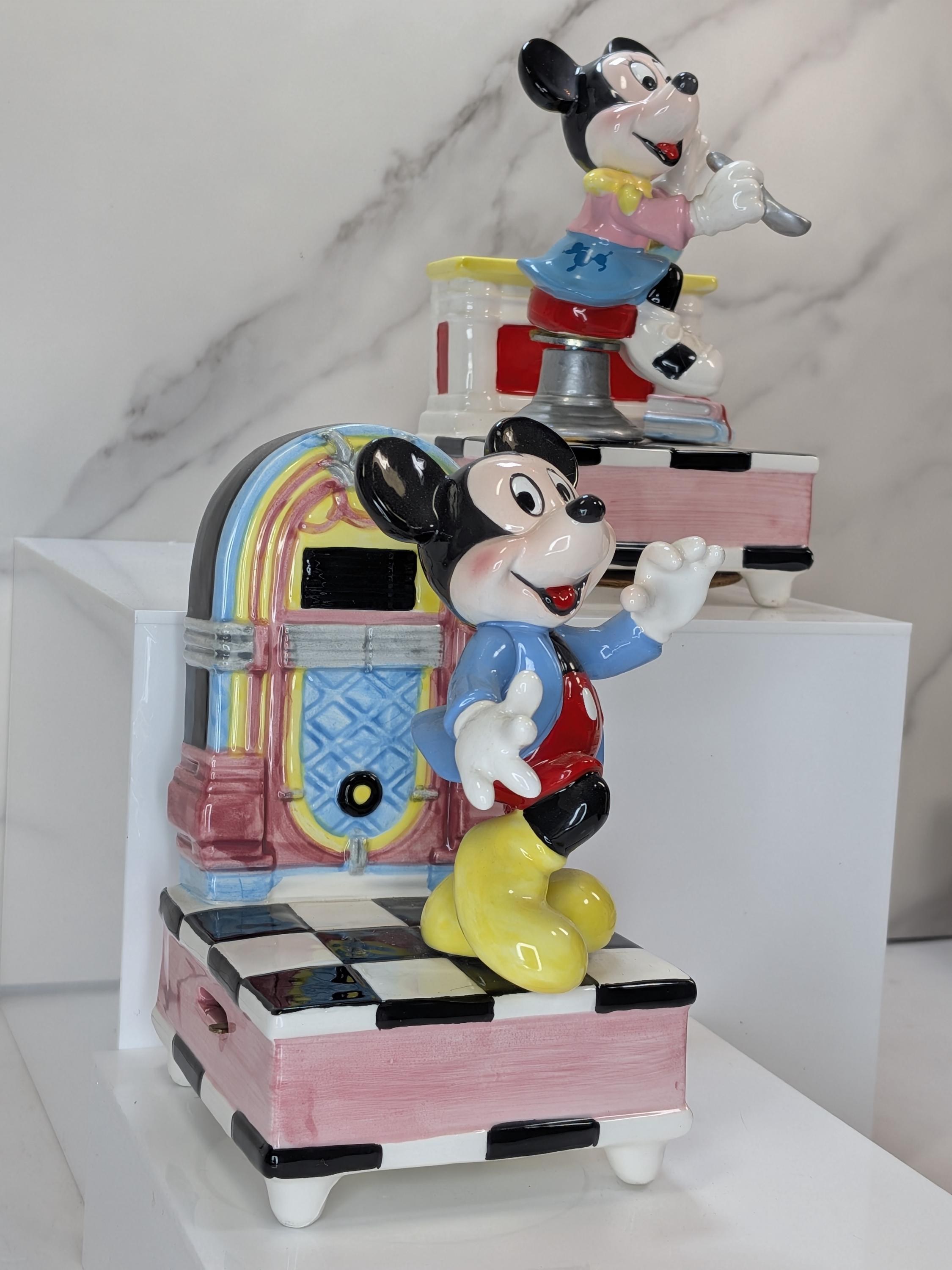 Vintage 1980s Disney Schmid Musical Figurine Set - Mickey Jukebox & Minnie Diner - Both Play and Move but Minnie has Flaws view 2