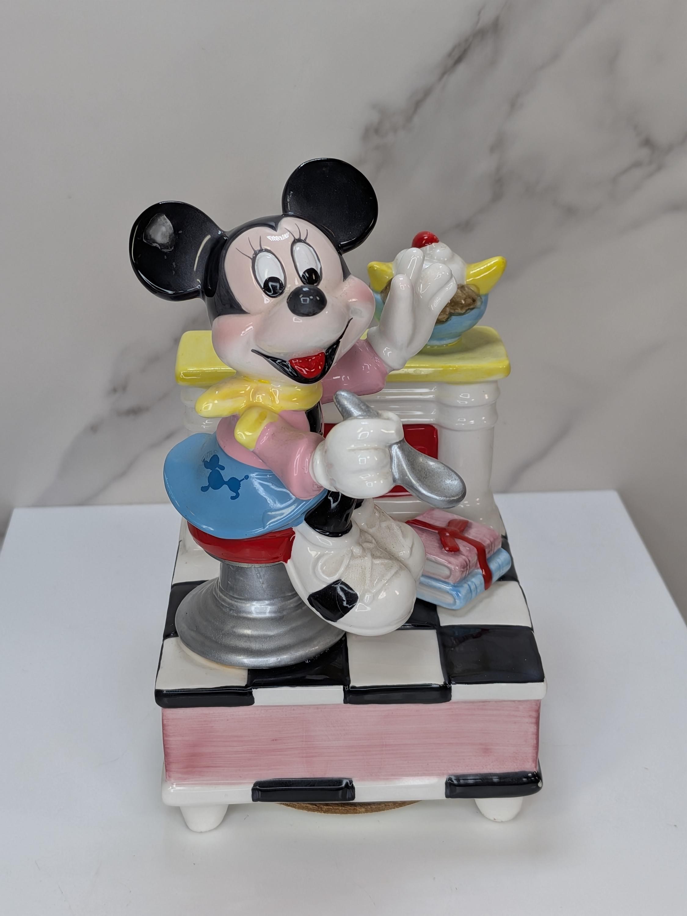 Vintage 1980s Disney Schmid Musical Figurine Set - Mickey Jukebox & Minnie Diner - Both Play and Move but Minnie has Flaws view 12
