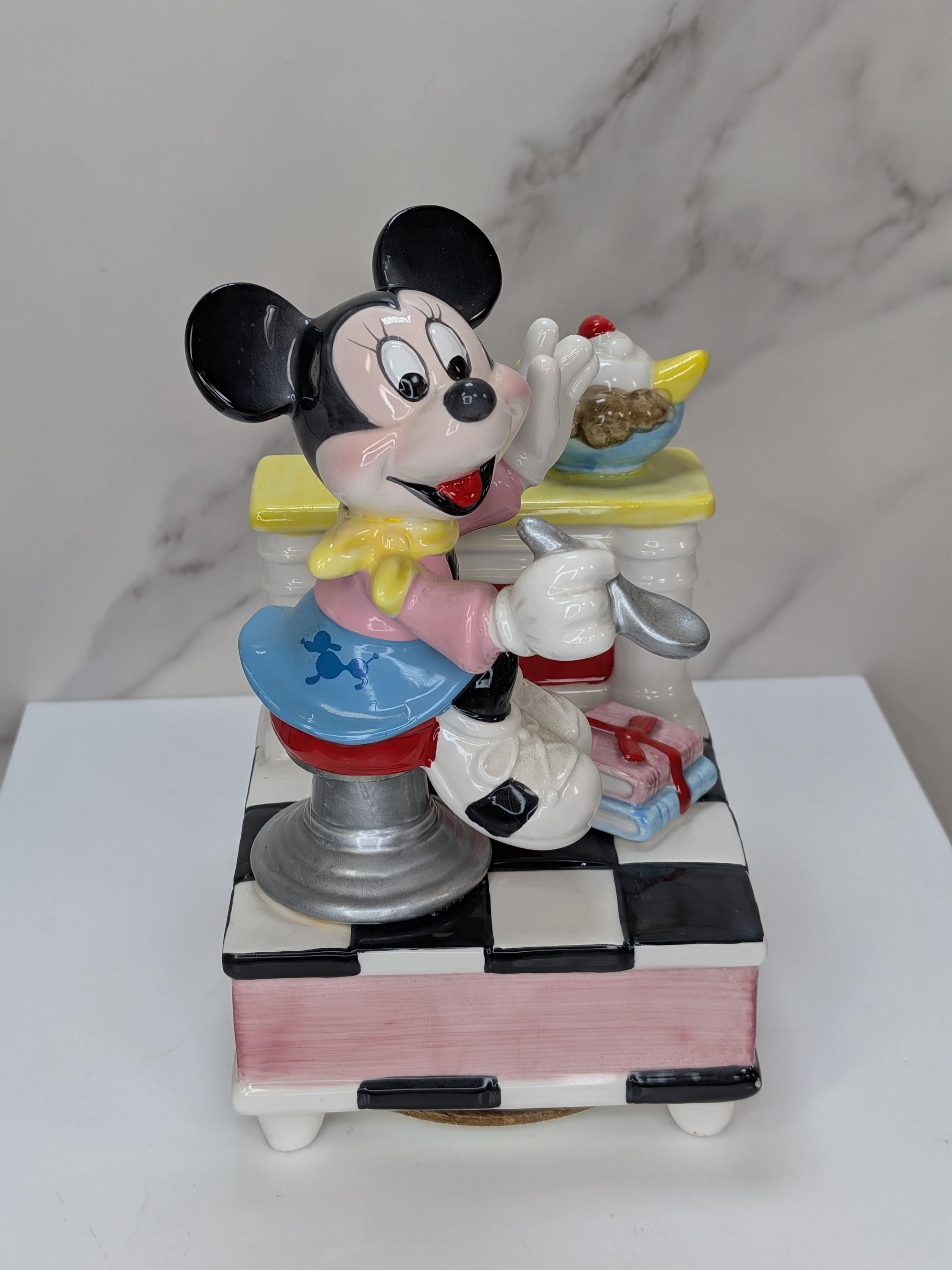 Vintage 1980s Disney Schmid Musical Figurine Set - Mickey Jukebox & Minnie Diner - Both Play and Move but Minnie has Flaws view 13