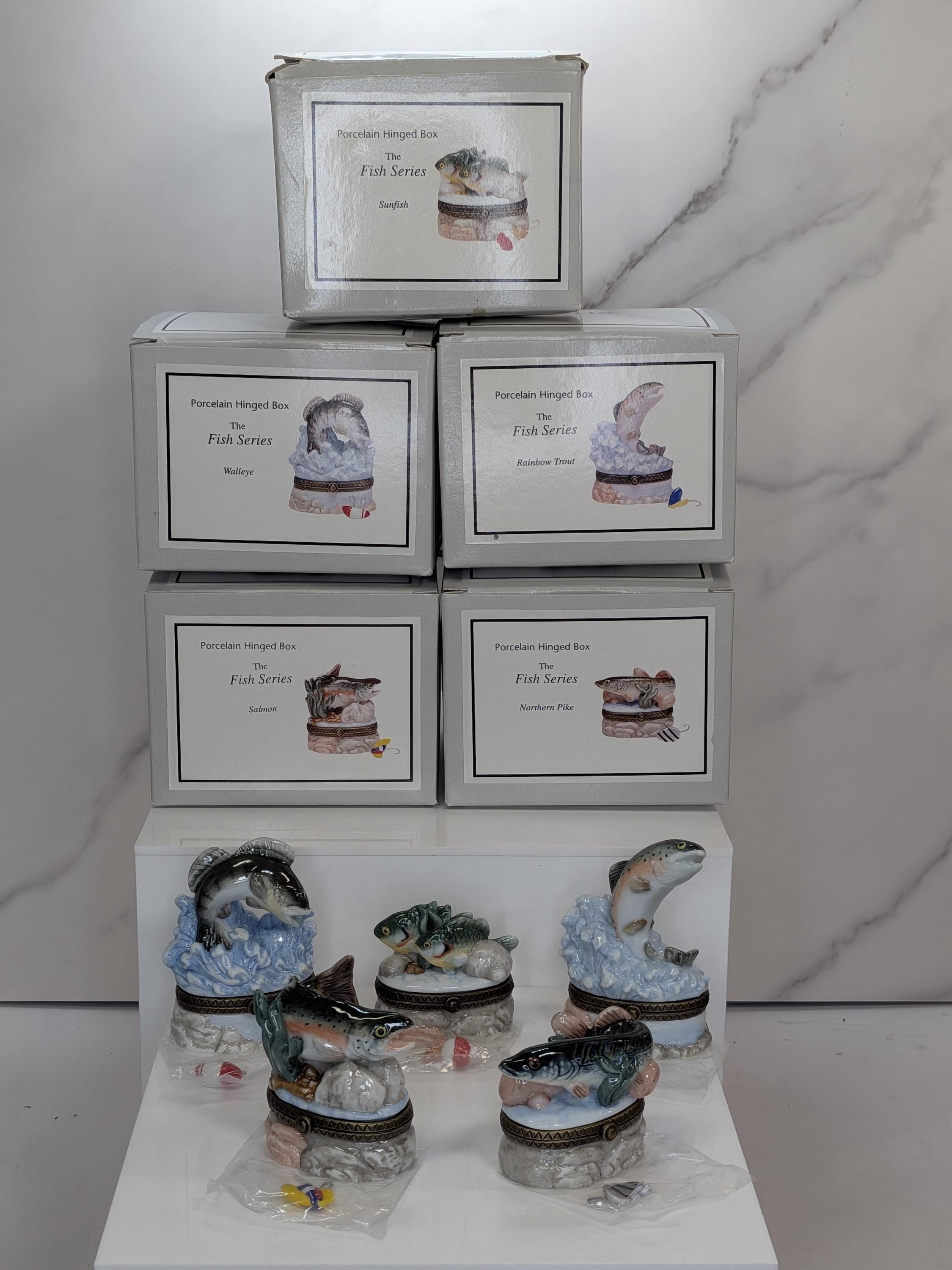 Curated Vintage Fish Trinket Box Set - Midwest of Cannon Falls PHB Collection - 5 Leaping Freshwater Game Fish with Lures - Cabin Core Decor