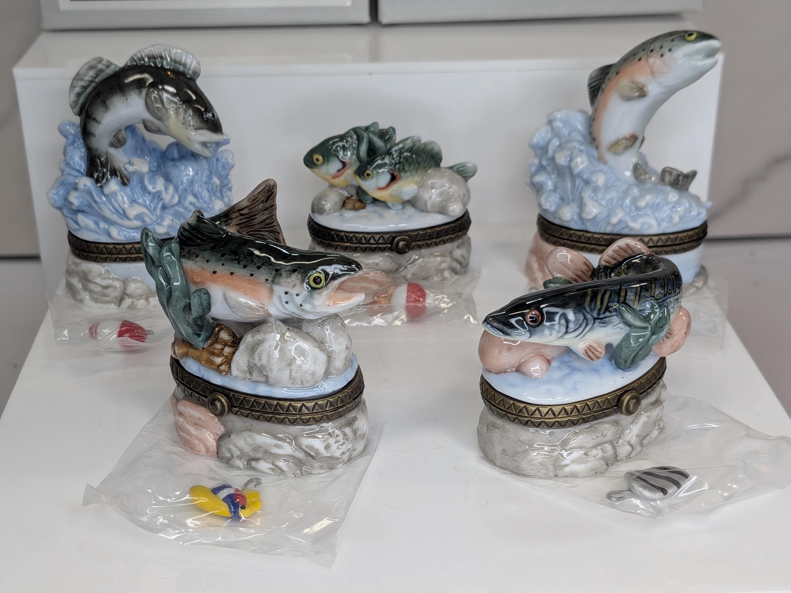 Curated Vintage Fish Trinket Box Set - Midwest of Cannon Falls PHB Collection - 5 Leaping Freshwater Game Fish with Lures - Cabin Core Decor view 2