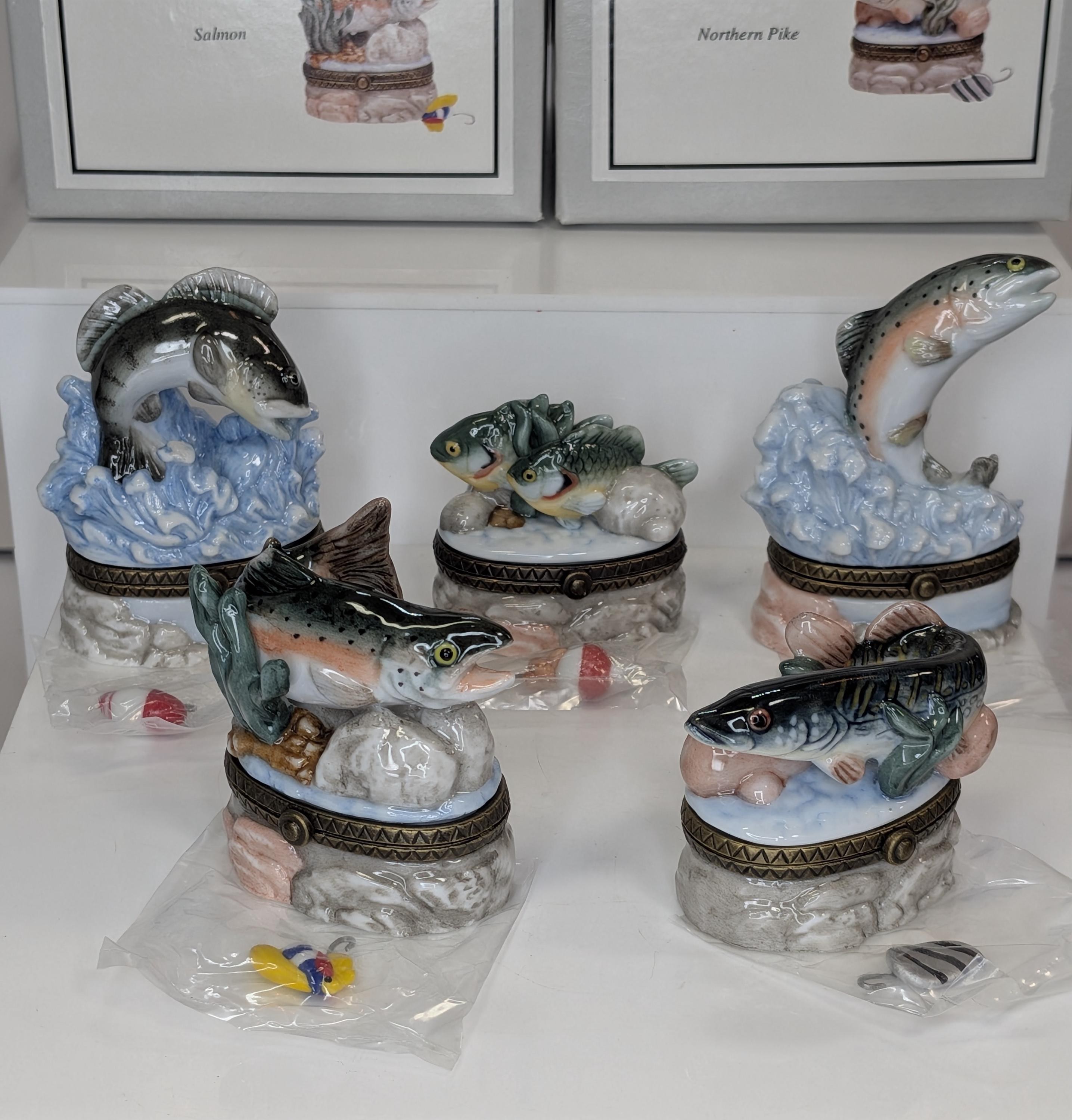 Curated Vintage Fish Trinket Box Set - Midwest of Cannon Falls PHB Collection - 5 Leaping Freshwater Game Fish with Lures - Cabin Core Decor view 3