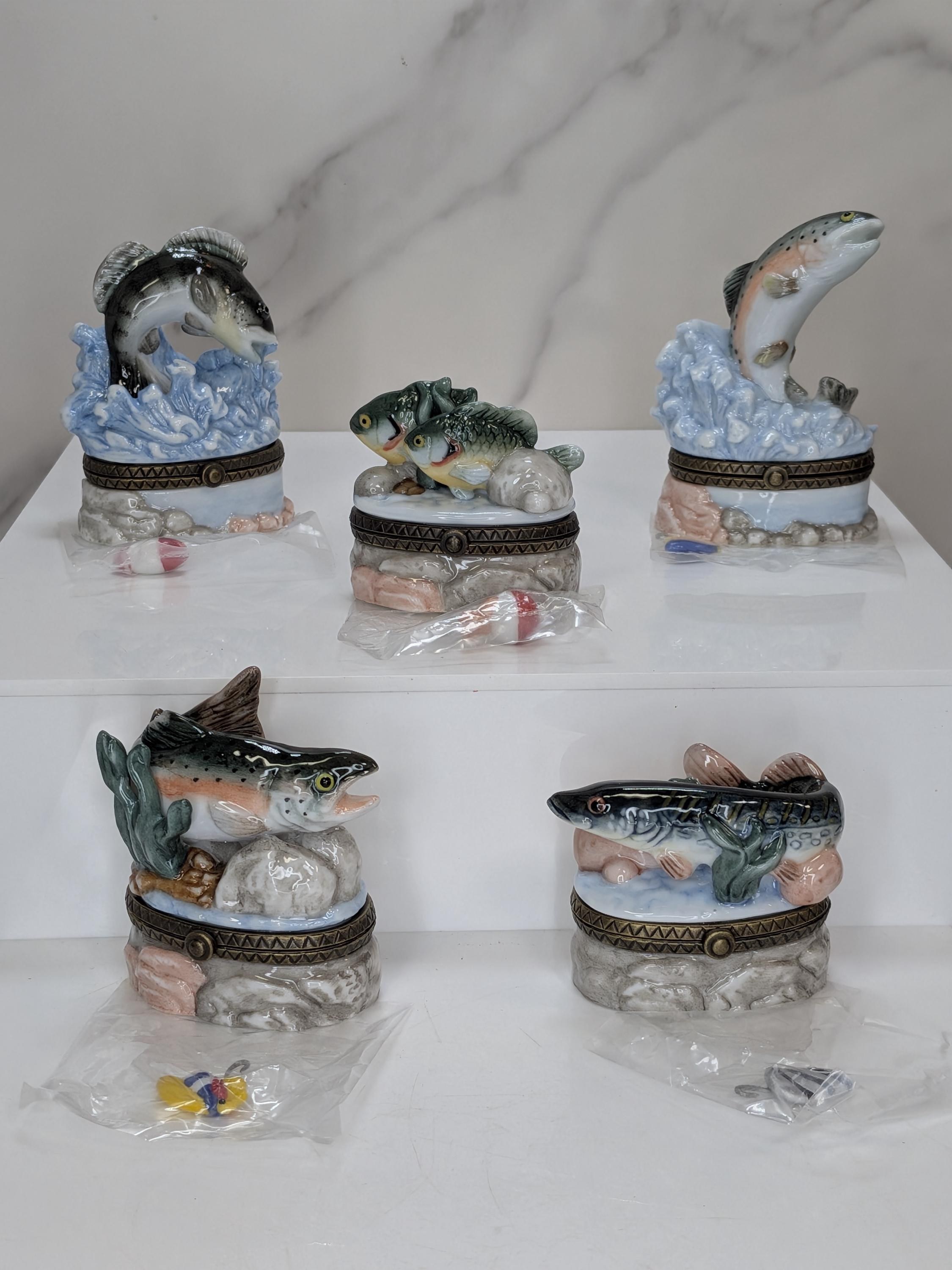 Curated Vintage Fish Trinket Box Set - Midwest of Cannon Falls PHB Collection - 5 Leaping Freshwater Game Fish with Lures - Cabin Core Decor view 5